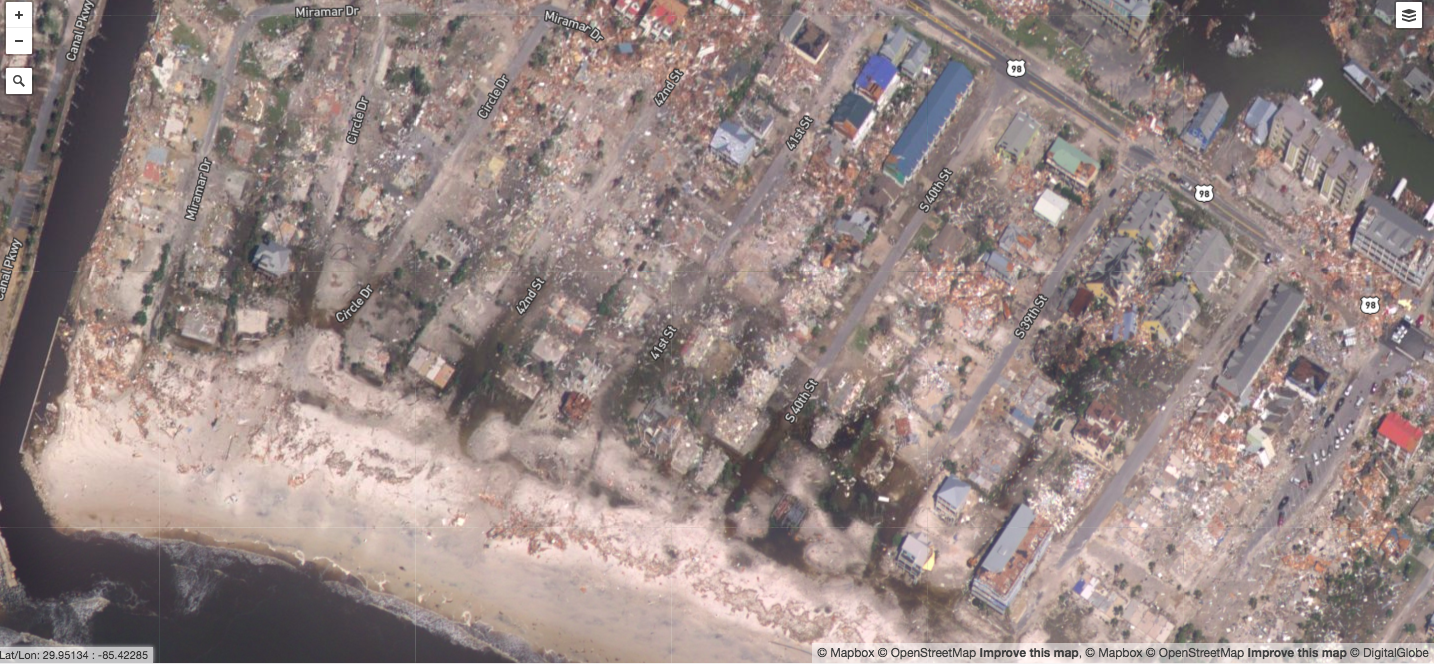 After: Mexico Beach, Fla.- Homes near the coast are destroyed. (Photo Courtesy of The National Oceanic and Atmospheric Administration.)