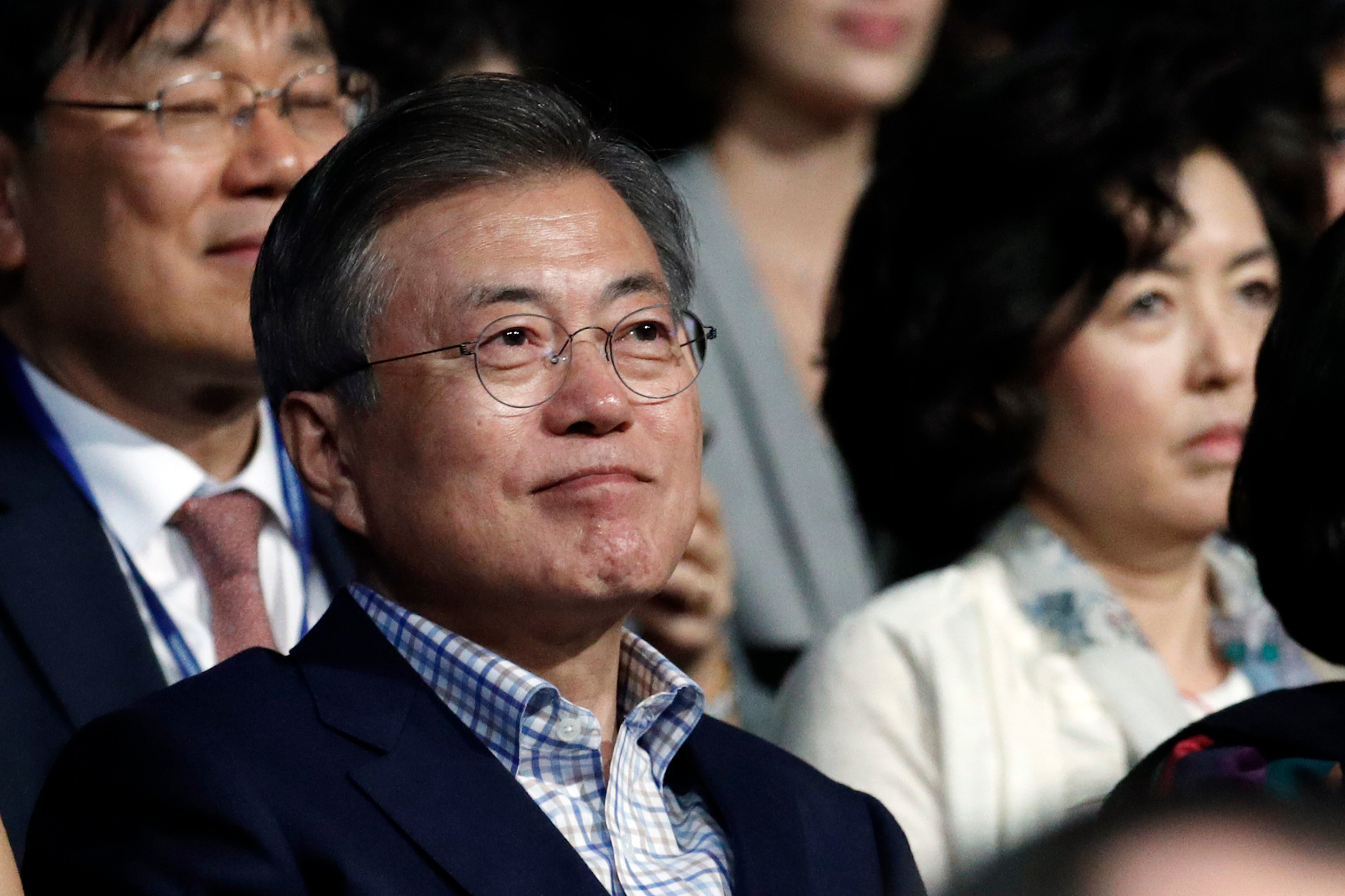 South Korean President Moon Jae-in and his wife Kim Jung-sook (not seen) attend a Korean cultural event in Paris, France, on Oct. 14, 2018. (Yoan Valat—EPA-EFE/REX/Shutterstock)