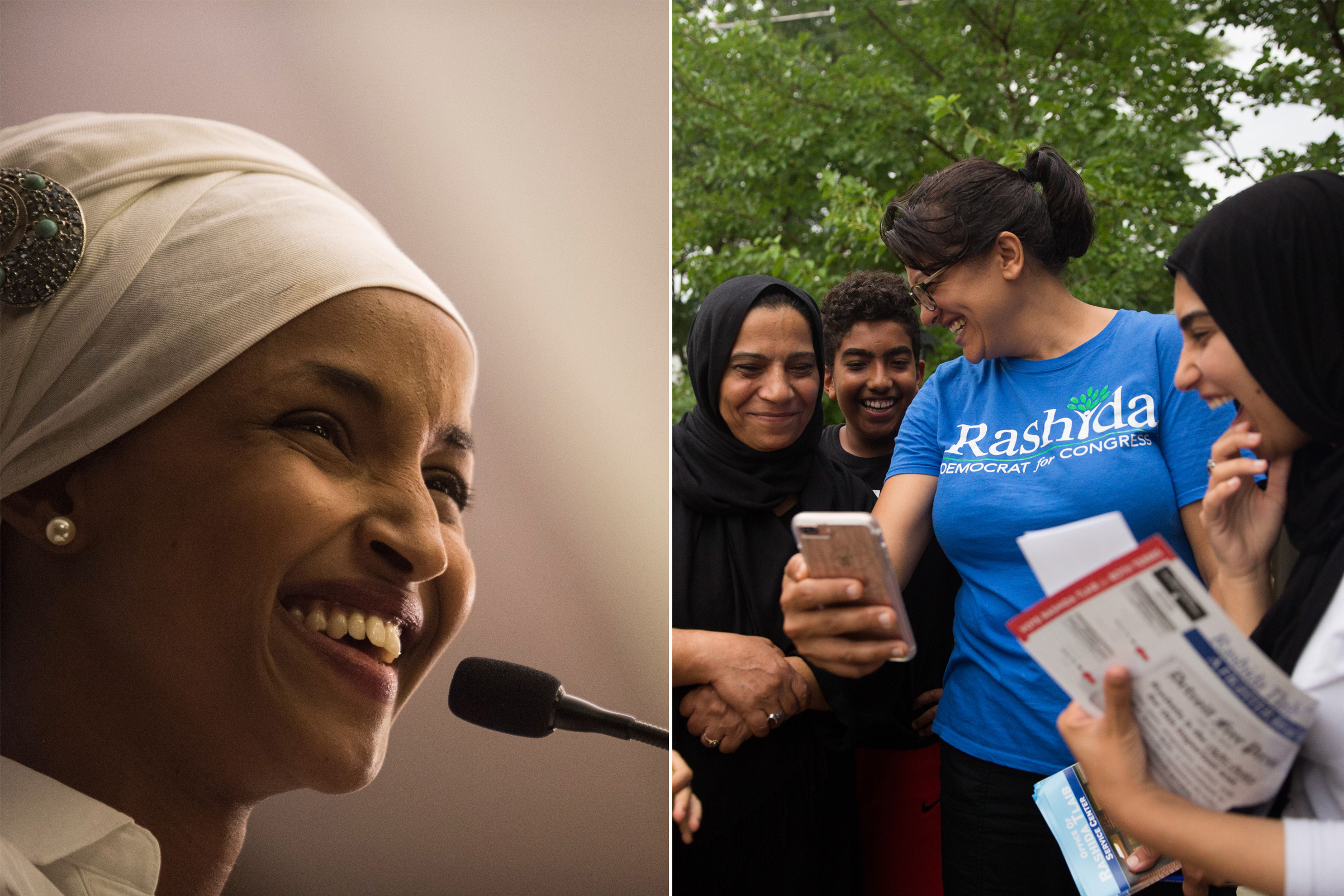 Ilhan Omar, a candidate for State Representative for District 60B in Minnesota, gives an acceptance speech on election night, November 8, 2016 in Minneapolis, Minnesota. Omar, a refugee from Somalia, is the first Somali-American Muslim woman to hold public office; Rashida Tlaib shares a moment with her supporters on the campaign trail. (Omar: Stephen Maturen—AFP/Getty Images; Tlaib: Erik Paul Howard)