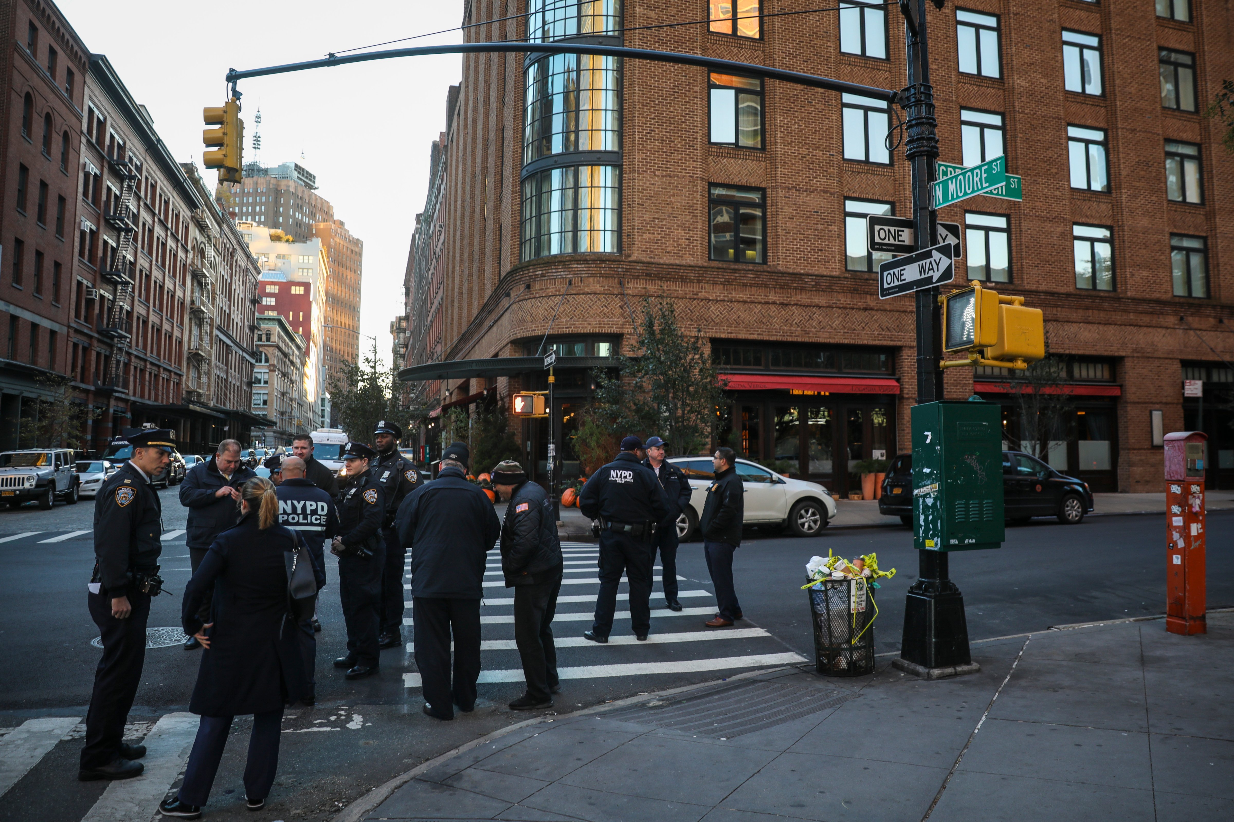 Police gather near the scene of where another package bomb was found early Thursday morning at Robert De Niro's Tribeca Grill restaurant, October 25, 2018 in New York City. (Drew Angerer—Getty Images)