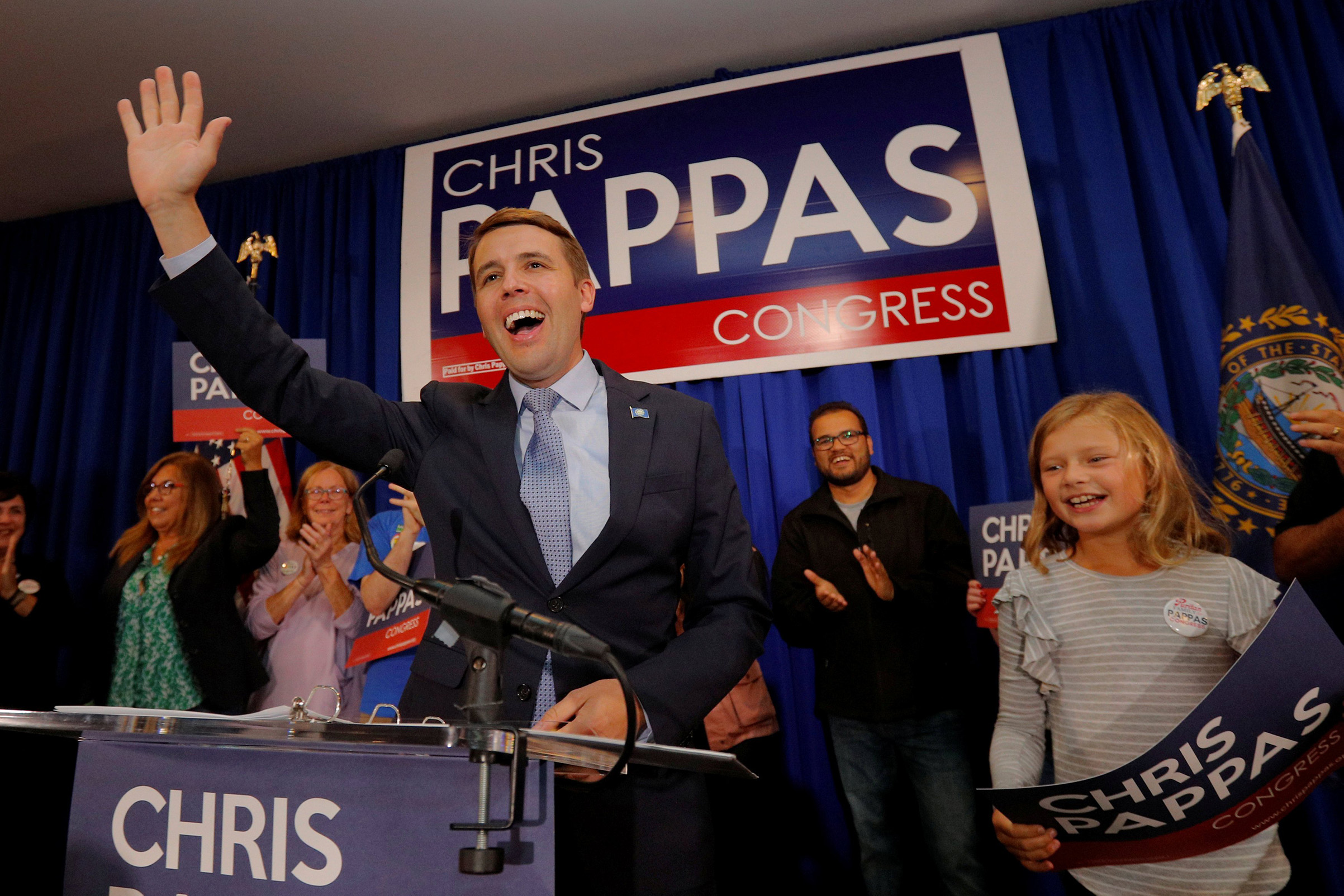 Democratic candidate for the U.S. House of Representatives Pappas takes the stage at his primary election rally in Manchester (Brian Snyder—Reuters)
