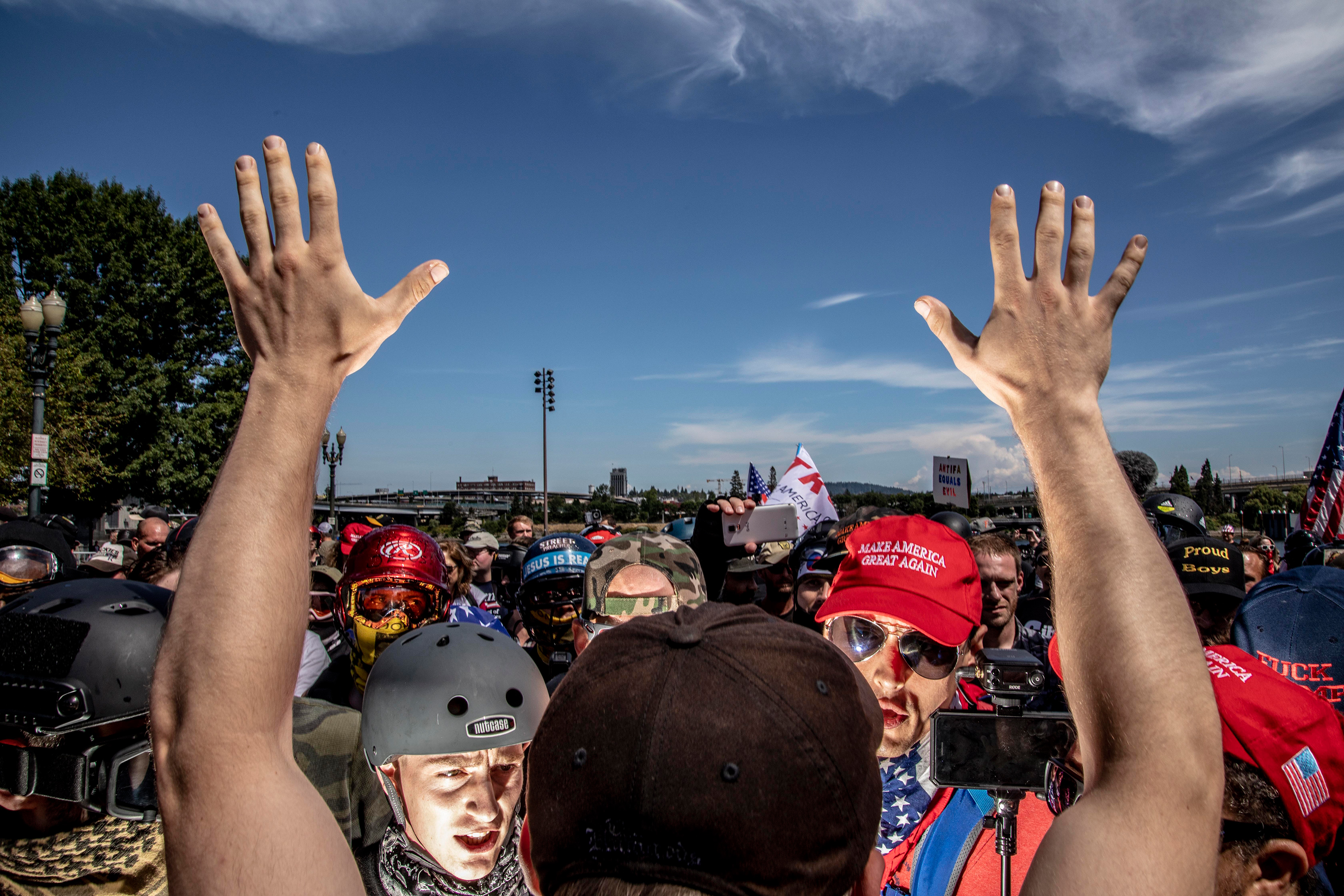 Patriot Prayer, a right-wing group, held a rally in Portland, Ore., where they were met by anti-fascist counter-protesters, on Aug. 4, 2018. (Mark Peterson—Redux)
