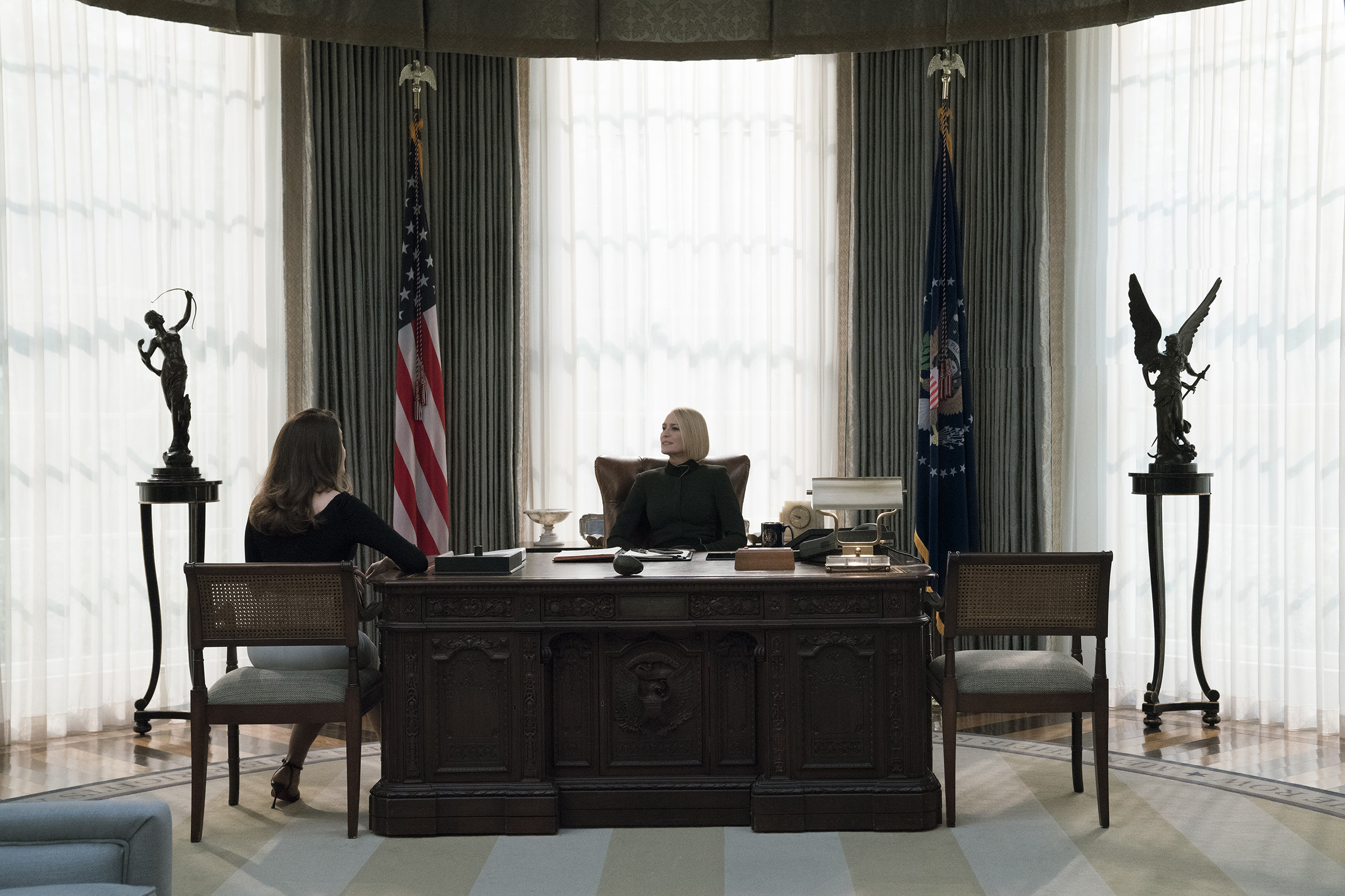Robin Wright’s Claire Underwood assumes the presidency on House of Cards but still has to live in her husband’s shadow (Netflix)