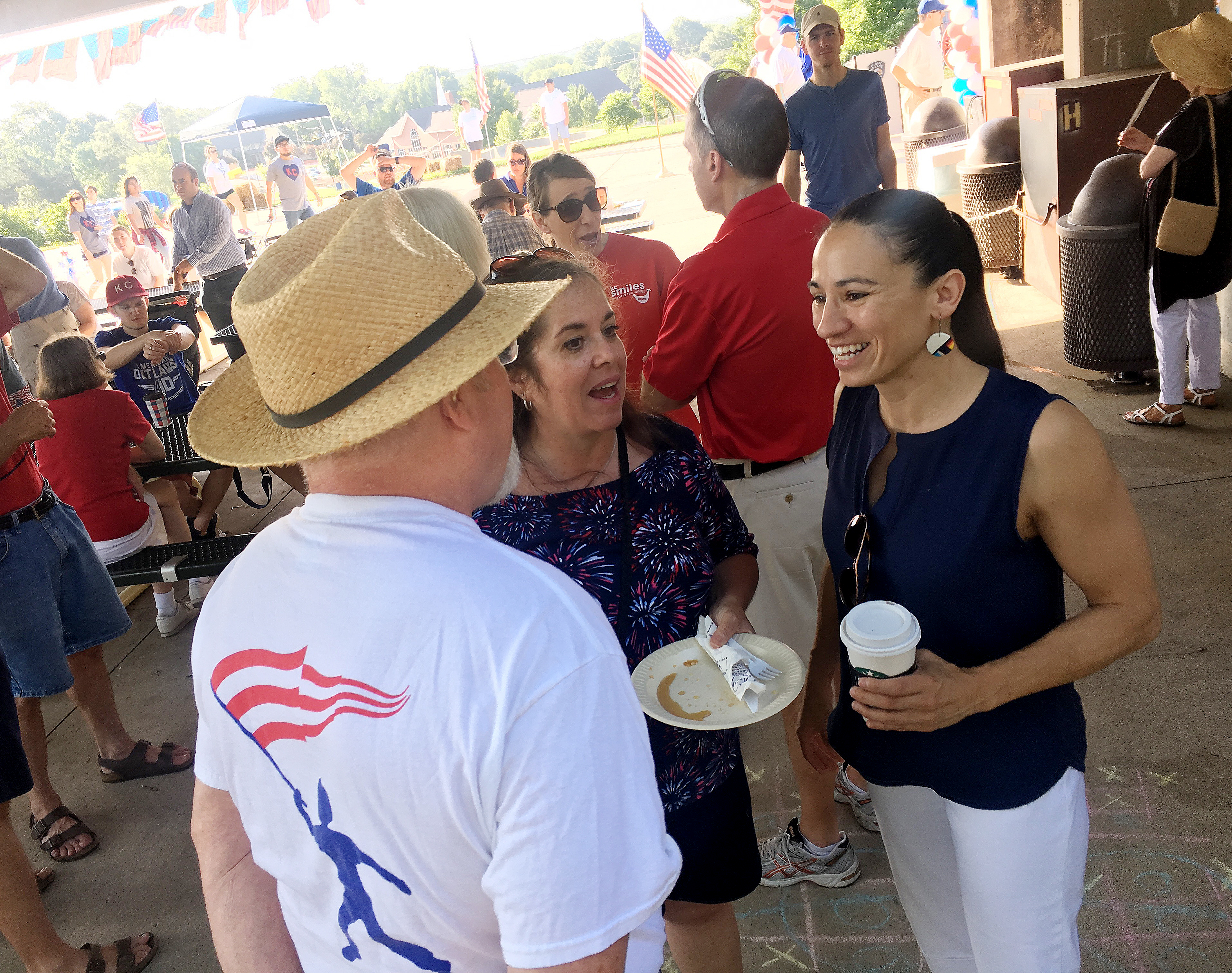 Sharice Davids, a Democrat running for Congress in Kansas, talks to supporters at a July 4 event in Prairie Village. (Photo by David Weigel/The Washington Post via Getty Images) (The Washington Post—The Washington Post/Getty Images)