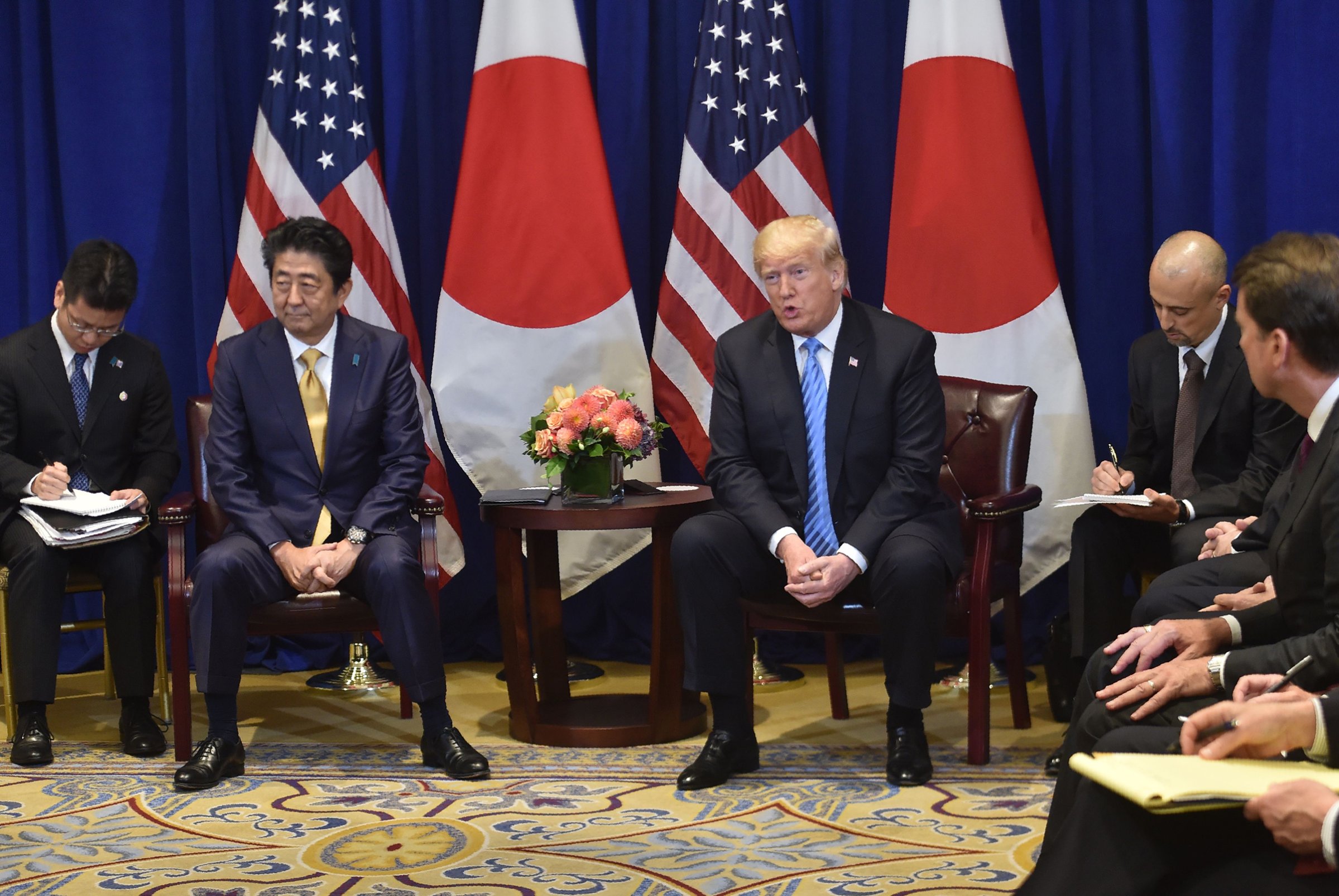 Japanese Prime Minister Shinzo Abe meets with US President Donald Trump, September 26, 2018 on the sidelines of the United Nations General Assembly (UNGA) in New York.
