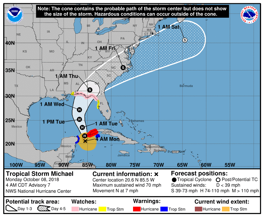 Tropical sStorm Michael is moving north at around 7mph as of 5am EST. (National Hurricane Center)