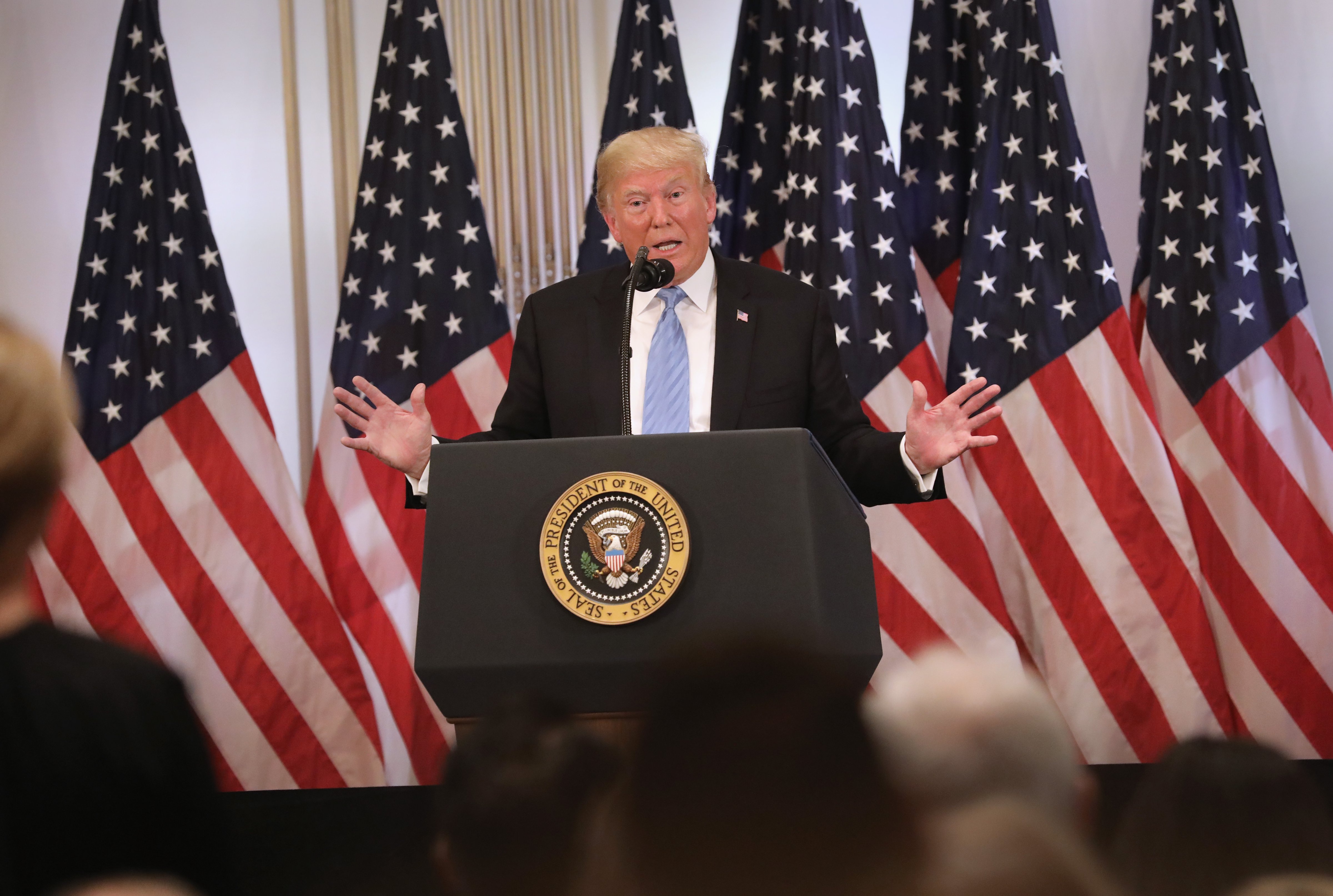 U.S. President Donald Trump answers questions at a press conference on September 26, 2018 in New York City. (John Moore—Getty Images)