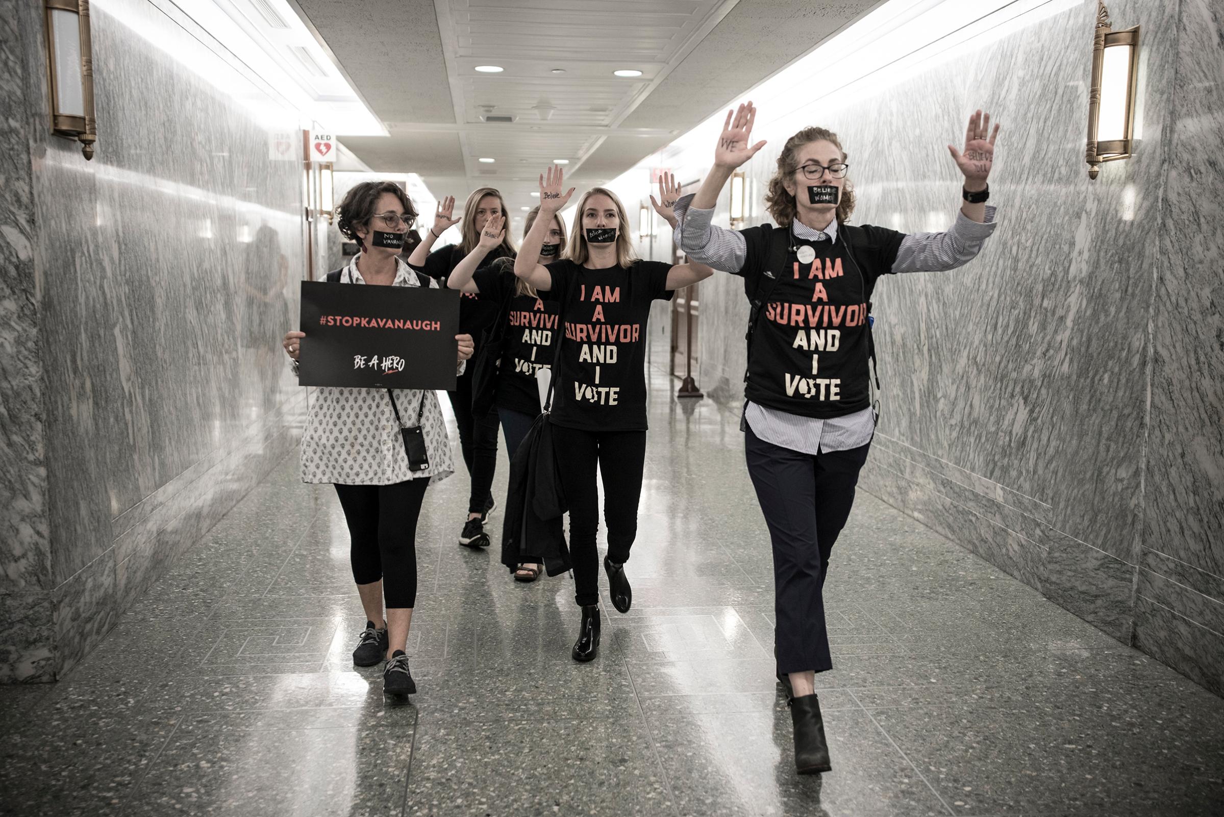 Women protested Kavanaugh’s nomination inside the Dirksen Senate Office Building in late September