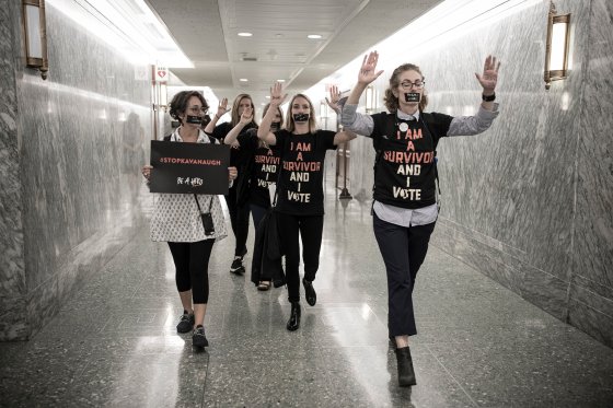 Women protested Kavanaughâ€™s nomination inside the Dirksen Senate Office Building in late September