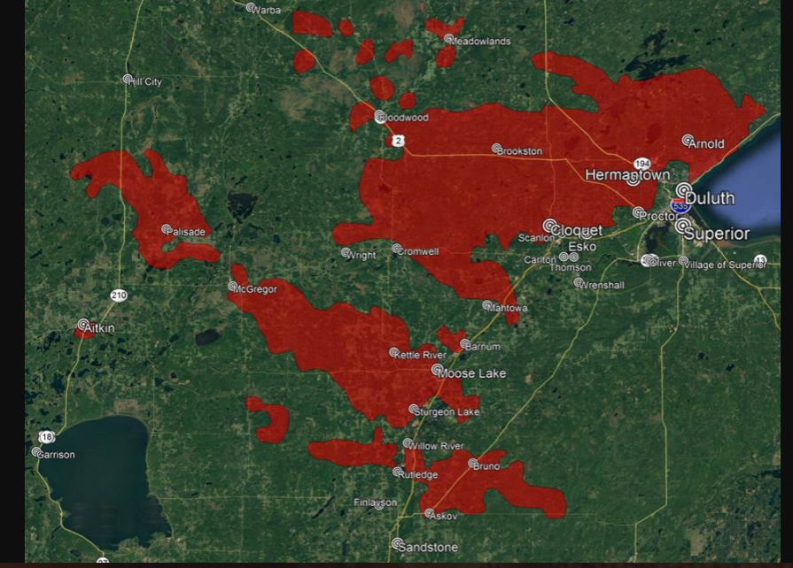 Map of the areas affected by Minnesota's Cloquet Fire in 1918. (Photo Courtesy National Weather Service)
