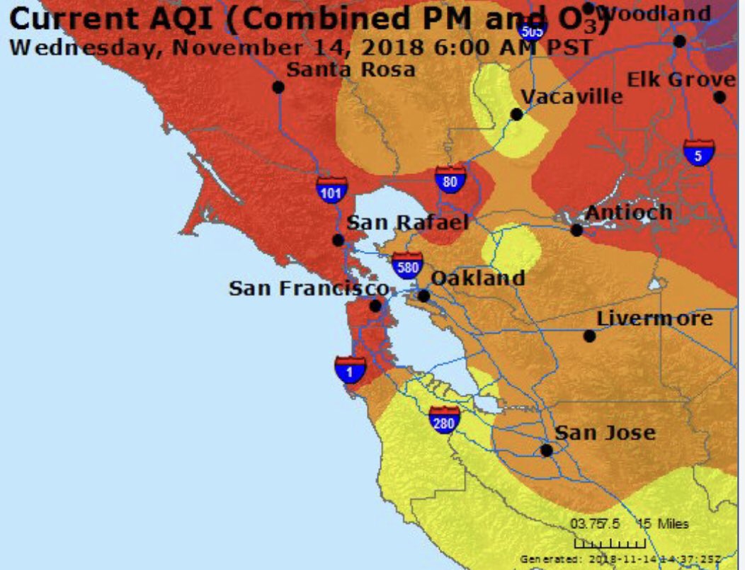 The San Francisco Department of Emergency Management released a map showing the air quality in the Bay Area two days ago. The air quality has worsened to "very unhealthy" in some parts of the Bay Area. (San Francisco Department of Emergency Management/Twitter)