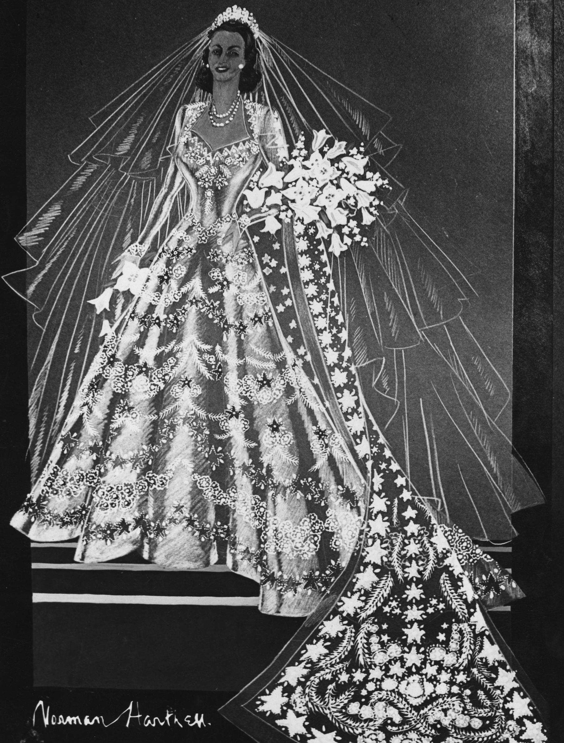 1947: A sketch of Princess Elizabeth's wedding dress by Norman Hartnell. (Central Press/Getty Images)
