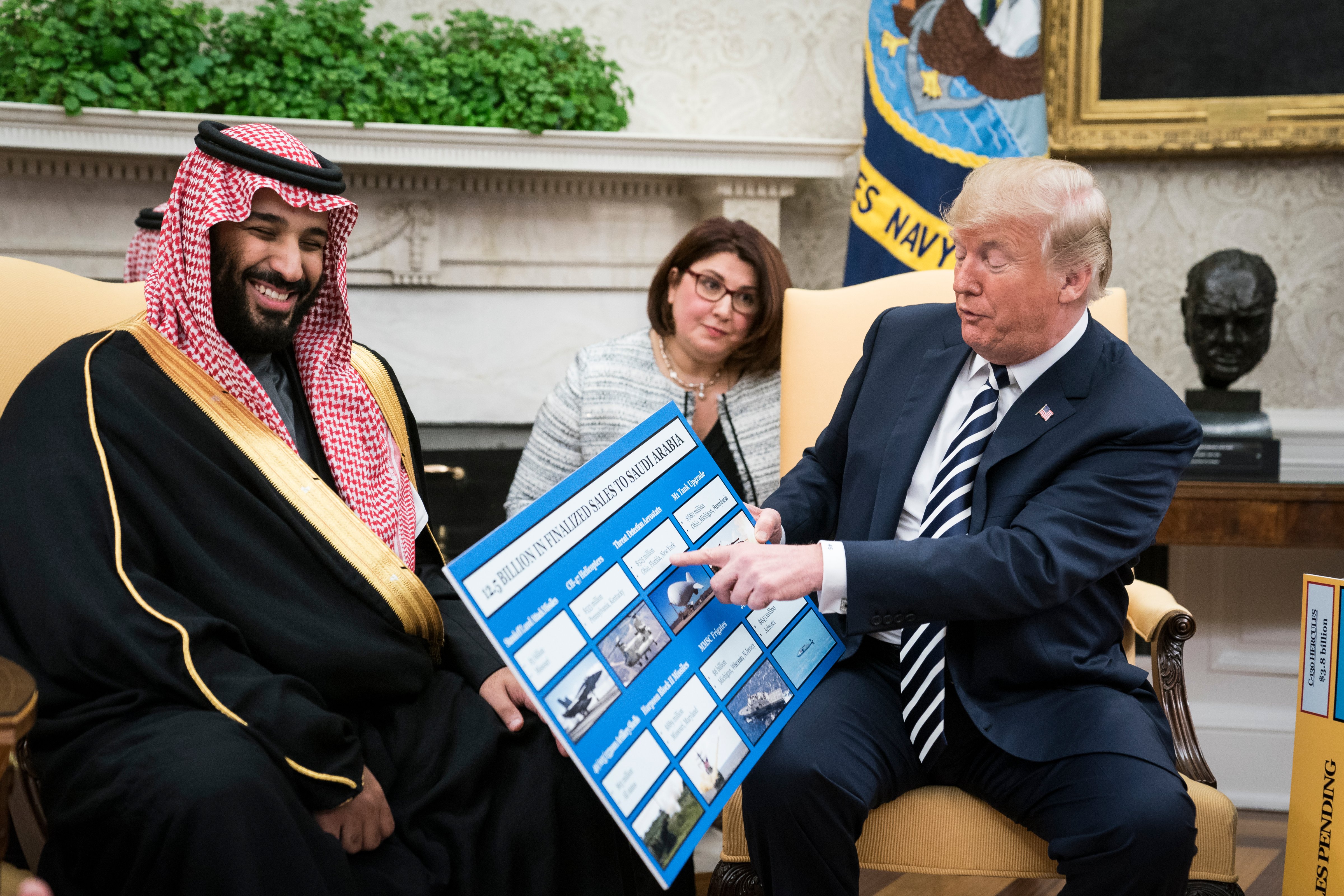 President Donald Trump shows off posters as he talks with Saudi Crown Prince Mohammad bin Salman in the Oval Office of the White House on March 20, 2018 in Washington, DC. (Jabin Botsford—The Washington Post/Getty Images)