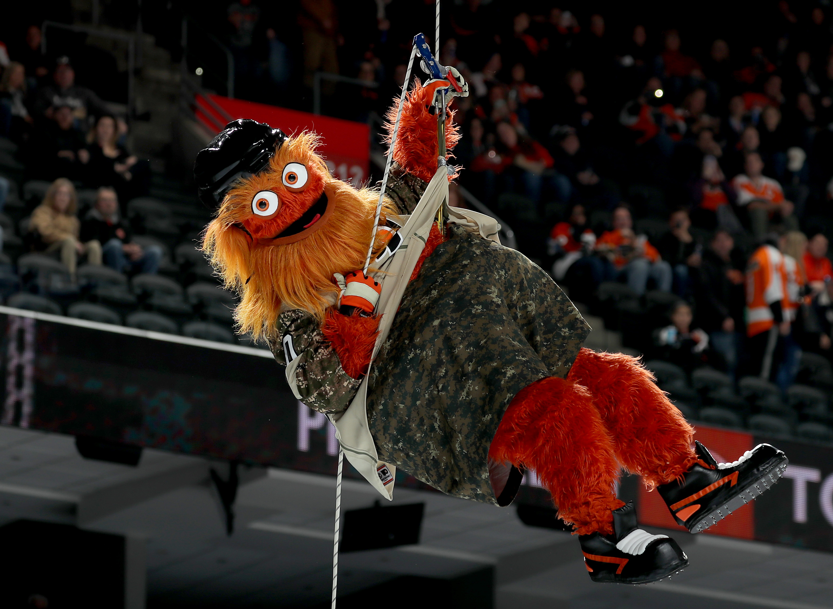 The Philadelphia Flyers mascot Gritty makes an entrance before the game between the Philadelphia Flyers and the Chicago Blackhawks at Wells Fargo Center on November 10, 2018 in Philadelphia, Pennsylvania. (Photo by Elsa/Getty Images) (Elsa&mdash;Getty Images)