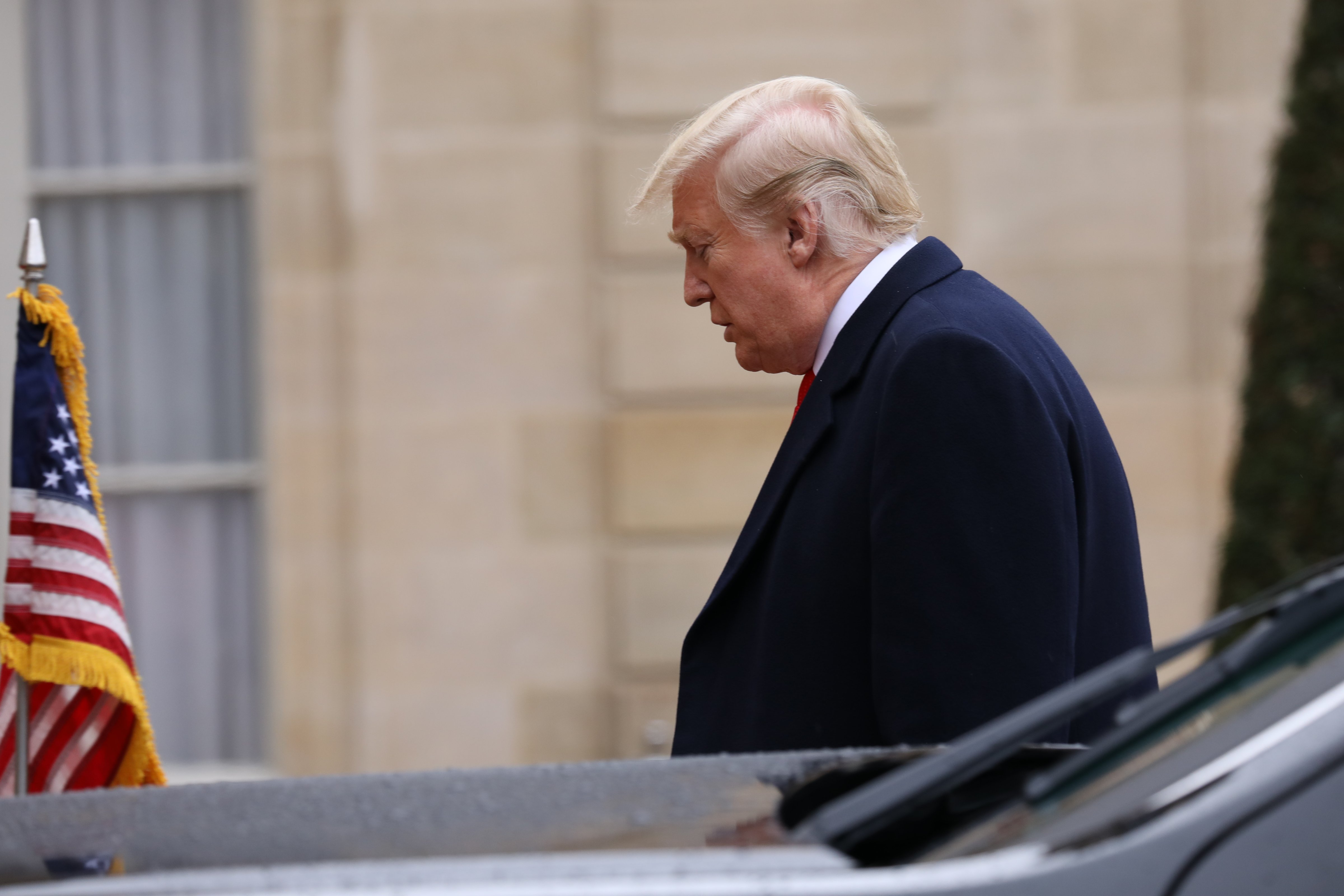 President of The United States of America Donald Trump arrives for the lunch after the commemoration of the 100th anniversary of the end of WWI at Elysee Palace on November 11, 2018 in Paris, France. (Antoine Gyori - Corbis&mdash;Corbis via Getty Images)