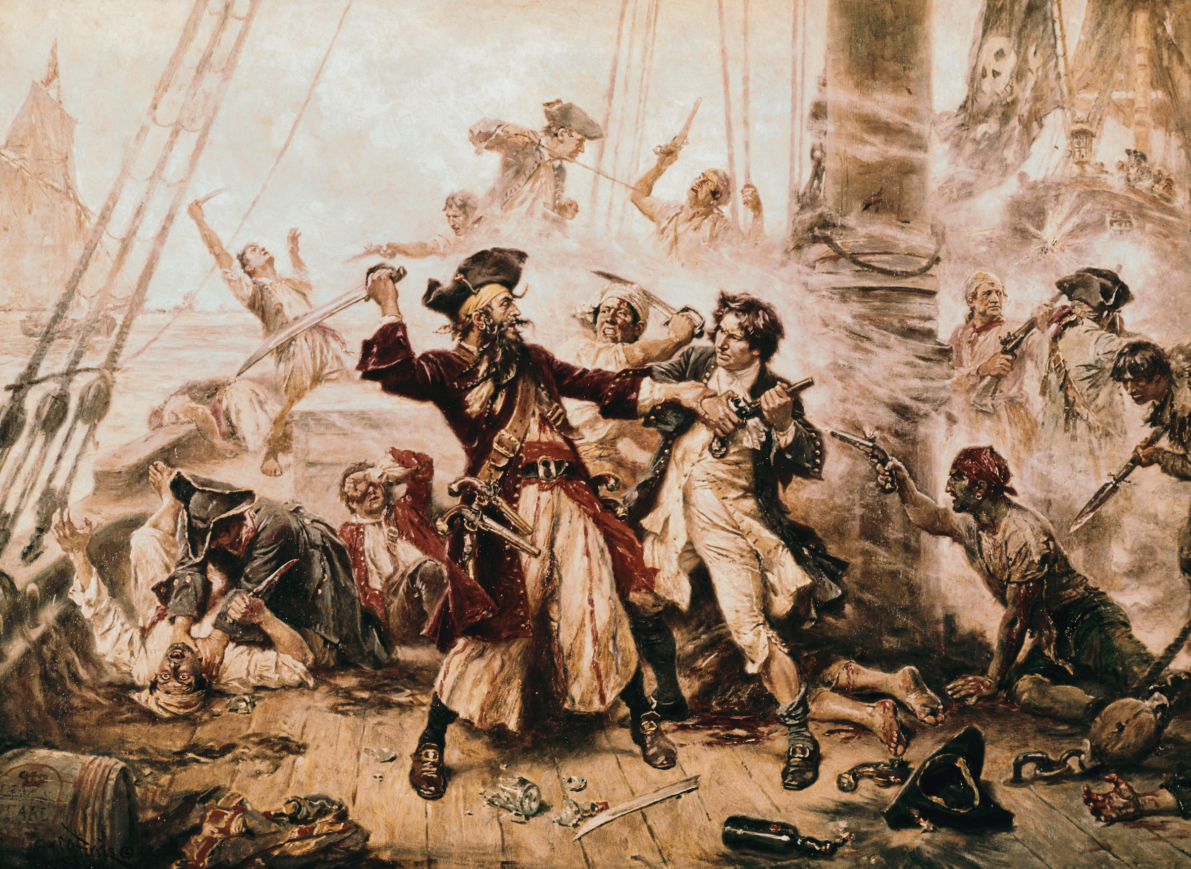 The capture of the Pirate Blackbeard, 1718. Painting by J. L. G. Ferris. (Bettmann/Getty Images)