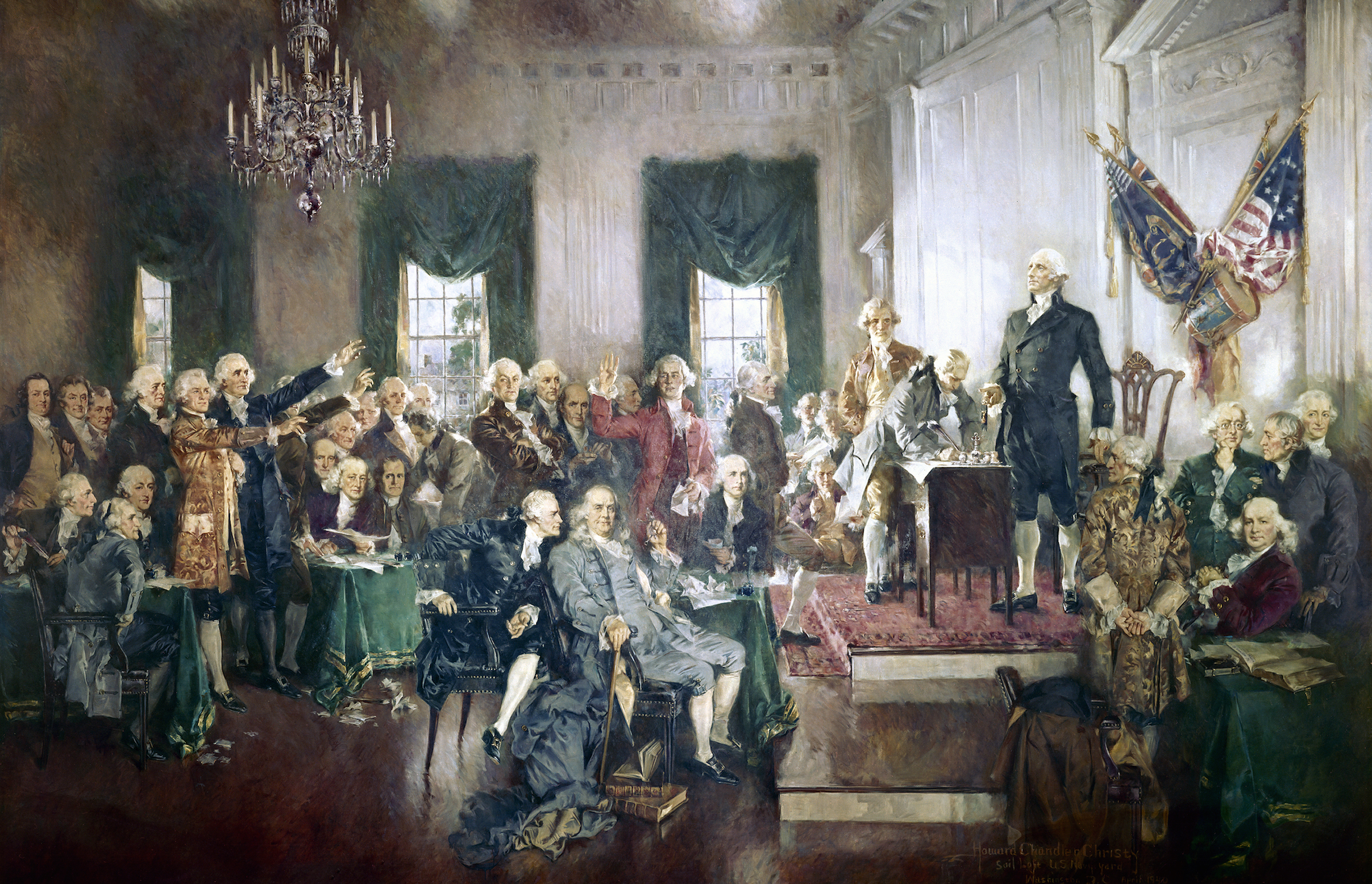 The Signing of the Constitution of the United States, with George Washington, Benjamin Franklin, and others at the Constitutional Convention of 1787; oil painting on canvas by Howard Chandler Christy, 1940. (GraphicaArtist/Getty Images)