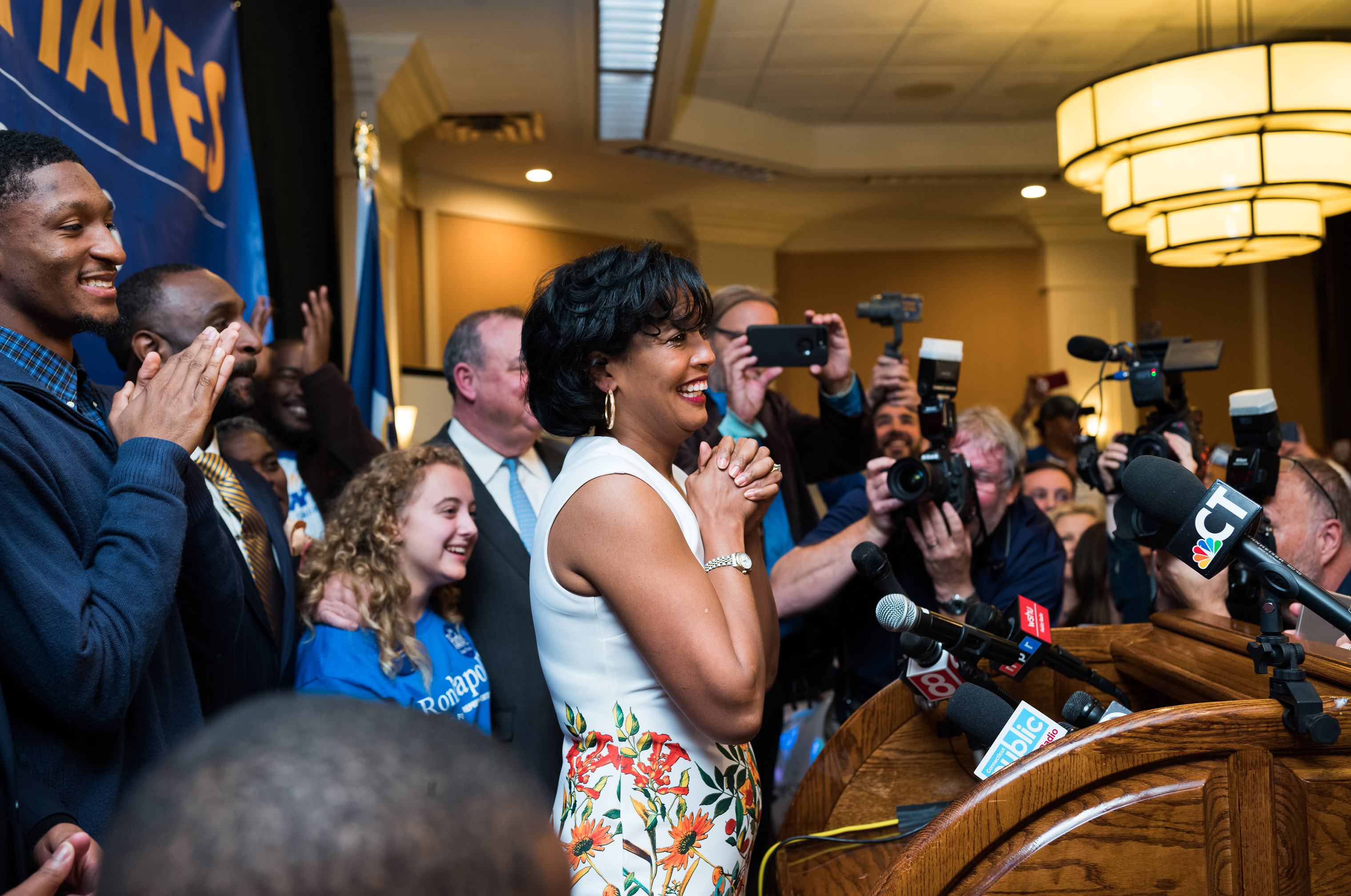 Jahana Hayes delivers an impassioned speech after declaring victory in the race for U.S. House of Representatives 5th District. (Greg Miller for TIME)