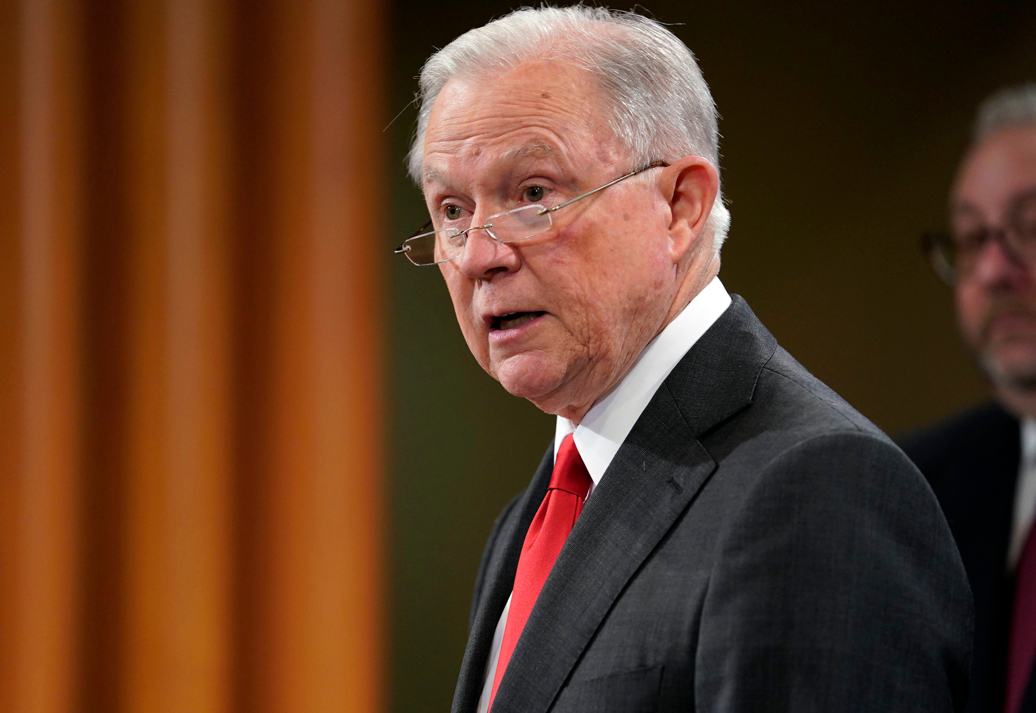 Attorney General Jeff Sessions speaks during a news conference in Washington on Nov. 1, 2018. Sessions resigned from the position on Wednesday. (Pablo Martinez Monsivais—AP/REX/Shutterstock)