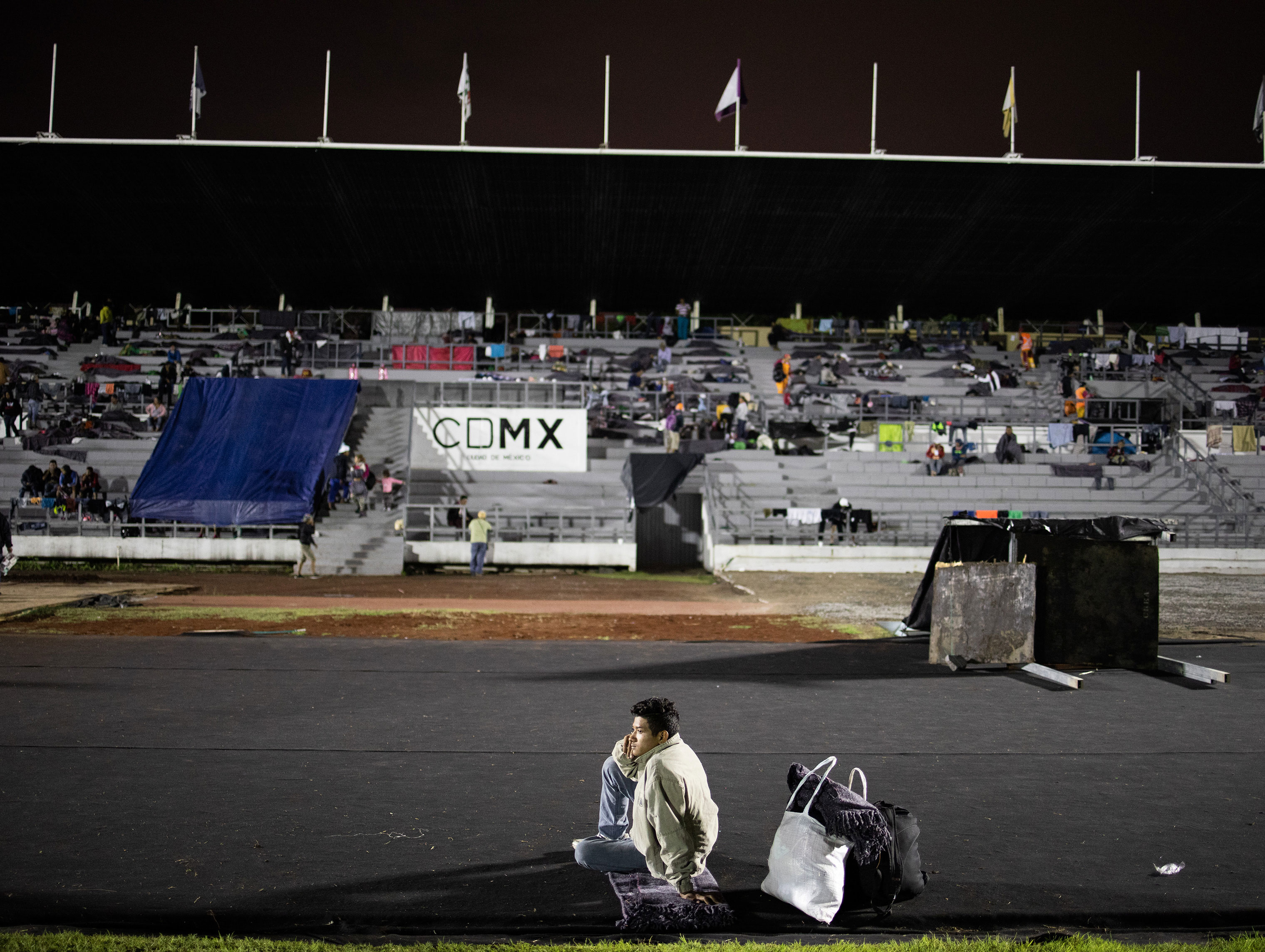 Migrants find shelter in the Jesus Martinez stadium, in Mexico City, Mexico on Nov. 4, 2018. (Jerome Sessini—Magnum Photos for TIME)