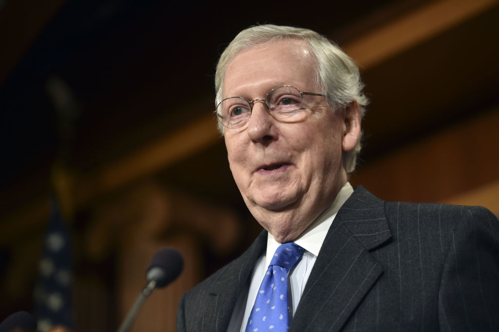 US Senate Majority Leader Mitch McConnell holds a media press conference