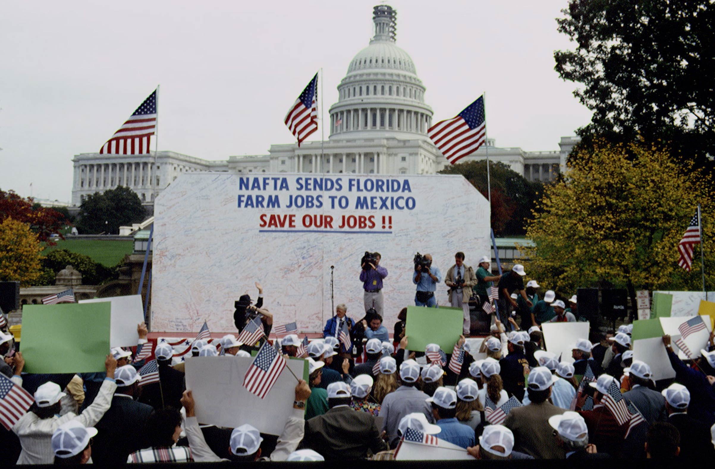 A farmer protest against NAFTA on Oct. 21, 1993, in front of the Capitol in Washington, D.C. (Jeffrey Markowitz/Sygma —Getty Images)