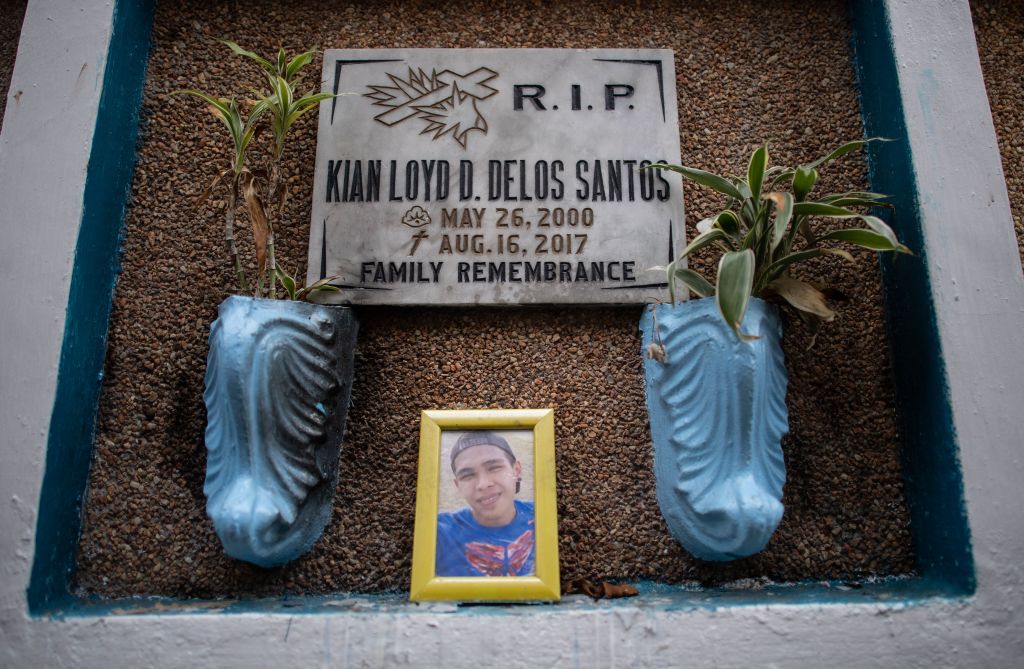 A photograph of Kian delos Santos is seen at his grave at the Lalopma Cemetery in Manila on November 29, 2018. (NOEL CELIS&mdash;AFP/Getty Images)