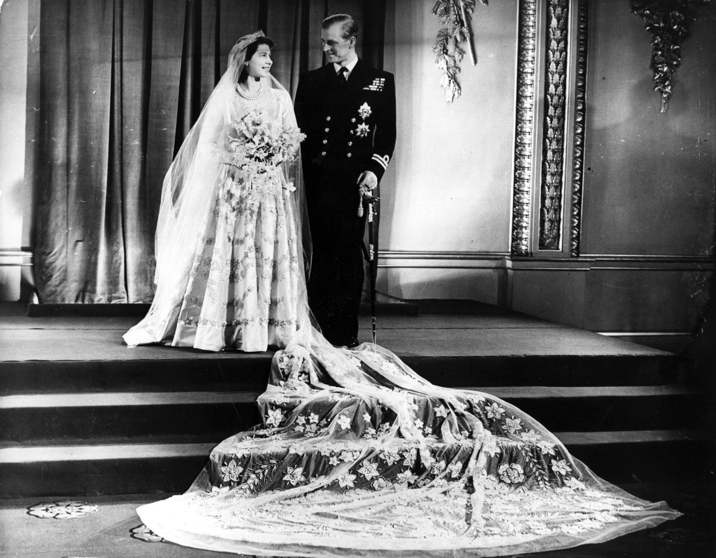 Princess Elizabeth and the Prince, Philip Duke of Edinburgh, at Buckingham Palace after their wedding on Nov. 20, 1947 (Hulton Archive/Getty Images)