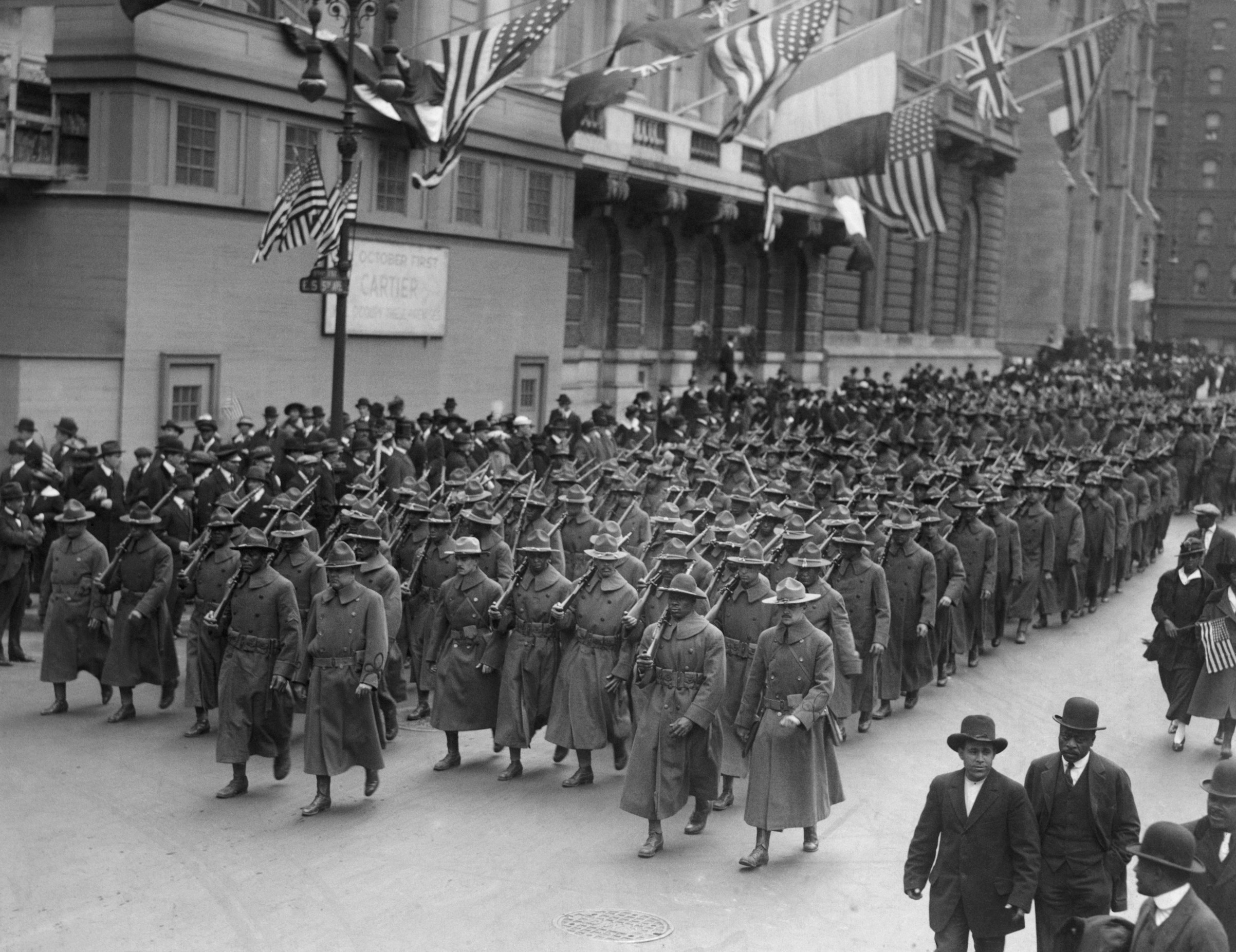 The all black 15th regiment parading up Fifth Avenue, New York City, en route to an Army camp in New York State in 1916. (Bettmann/Getty Images)