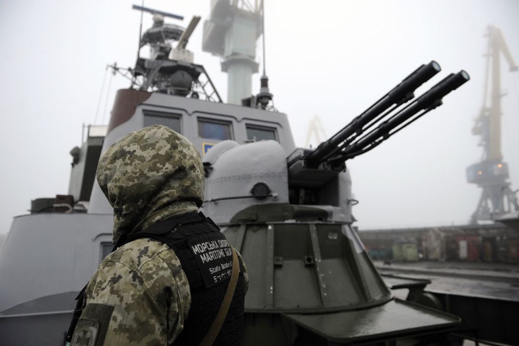 Ukrainian soldier patrols aboard military boat called "Dondass" moored in Mariupol, Sea of Azov port on November 27, 2018. (SEGA VOLSKII&mdash;AFP/Getty Images)
