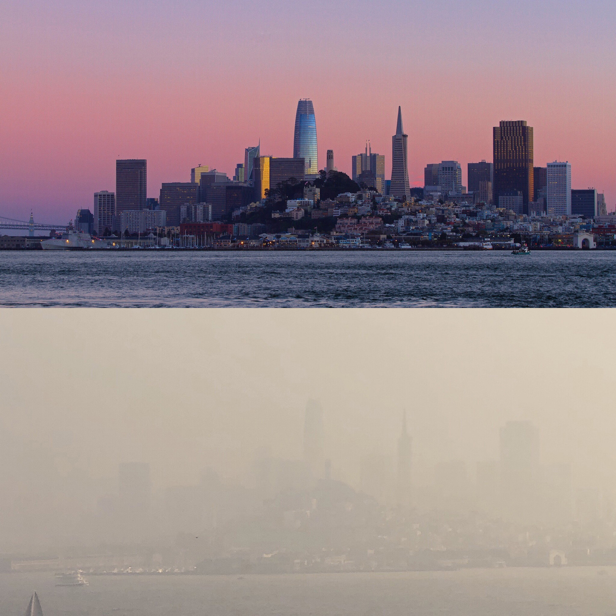 Marc Stokes, who works on Alcatraz in San Francisco, posted side-by-side photos of the view from the island on from the week of Oct. 28 and Nov. 10, two days after a fire started in Butte County, Calif. (Marc Stokes @marcstokes79)