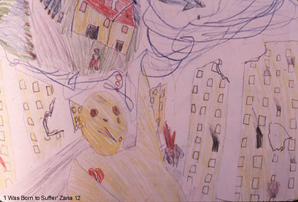 A drawing from Cambodia in 1979, titled by 12-year-old Zana: 