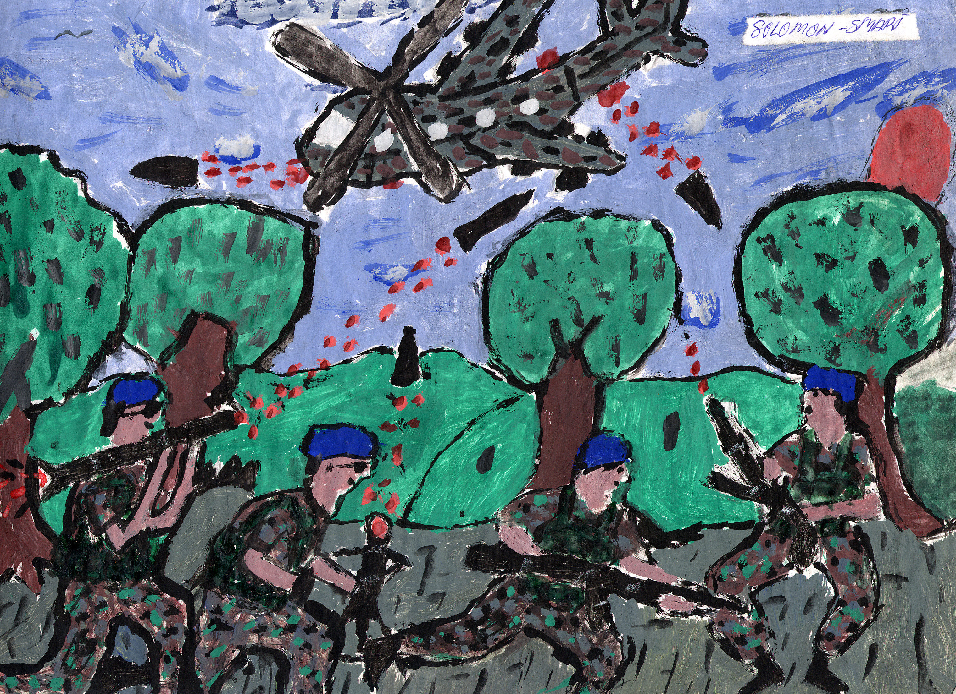 Sierra Leone suffered a civil war from 1991 to 2002. Children made up 50% of the rebel fighting force and a quarter of the government's forces. Former child soldiers were transferred to the IRC's care centers, where they drew images of their experiences. (IRC)