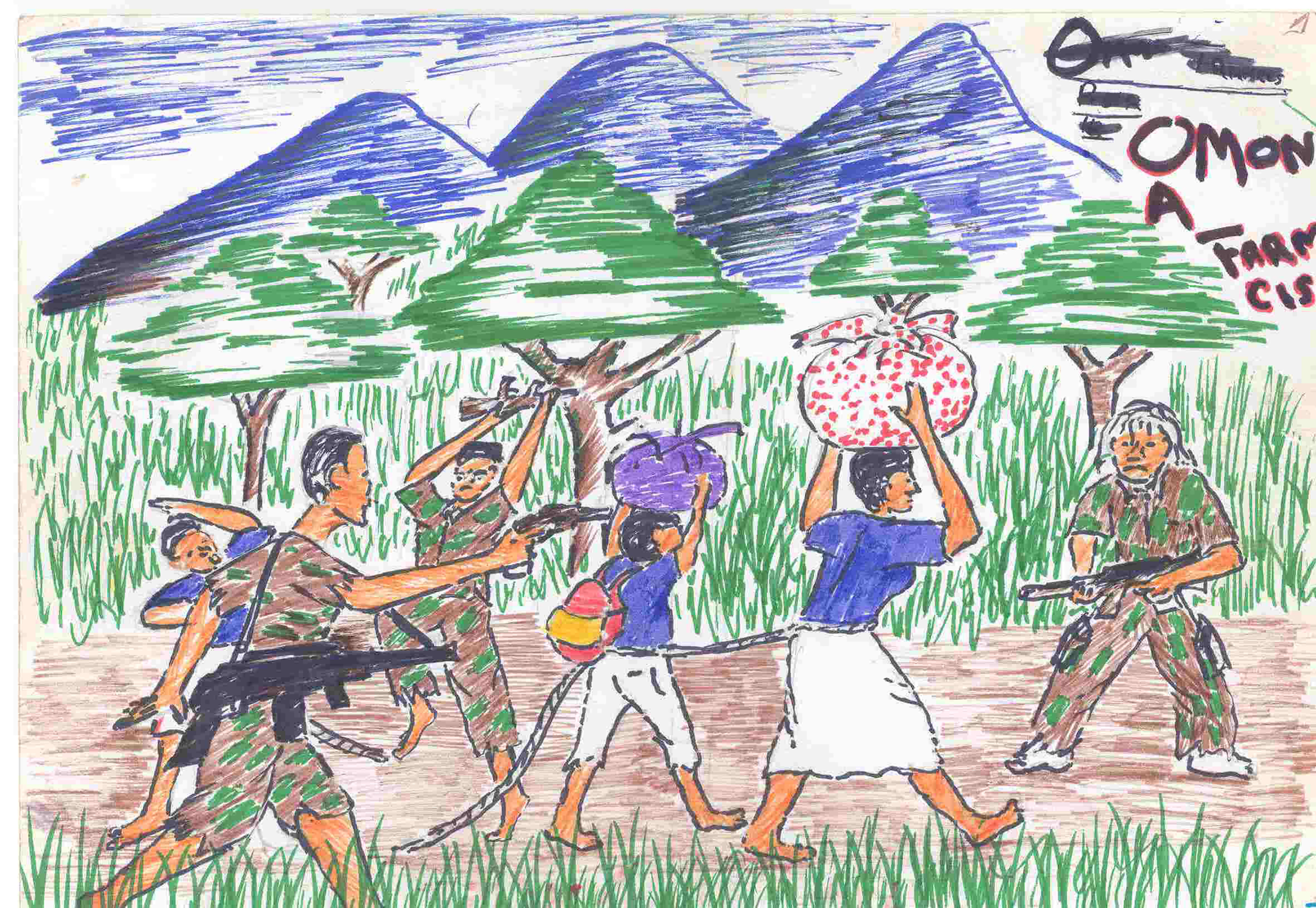 A drawing made by former child soldier in Uganda in 2002. In Uganda, the IRC worked with children during the height of the Lord's Resistance Army's reign of terror. (IRC)