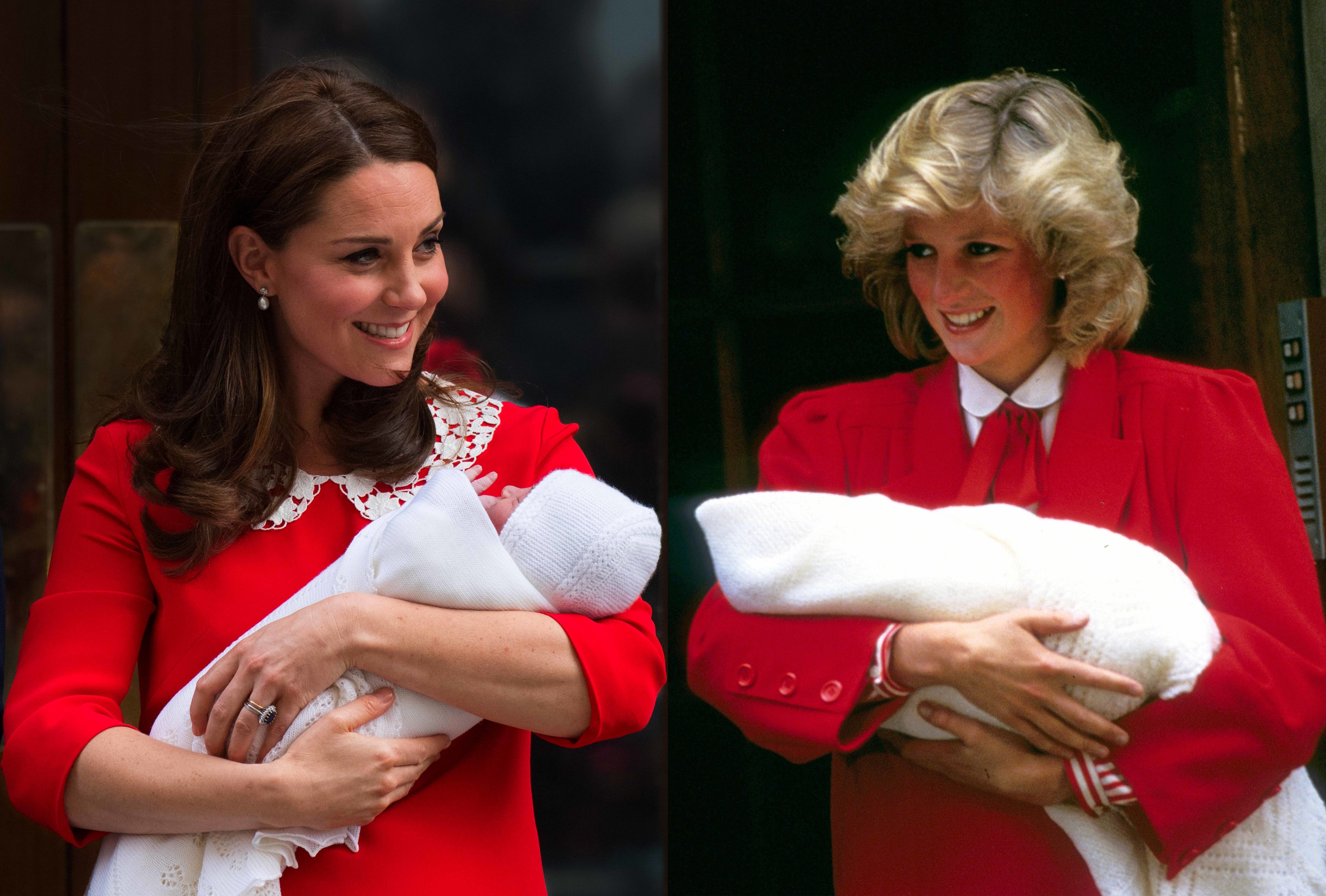In this photo composite a comparison has been made between Catherine, Duchess of Cambridge carrying her newborn son and Diana, Princess of Wales carrying her newborn son Prince Harry (R) both leaving the Lindo Wing of St Mary's hospital. ***LEFT IMAGE*** Editorial # 950804602 LONDON, UNITED KINGDOM - APRIL 23: Catherine, Duchess of Cambridge carries her newborn son as she leaves the Lindo Wing of St Mary's hospital on April 23, 2018 in London, England. (Photo by Anwar Hussein/WireImage) RIGHT IMAGE*** Editorial # 909562840 LONDON, UNITED KINGDOM - SEPTEMBER 17: Diana, Princess of Wales leaves the Lindo Wing, St Mary's Hospital with baby Prince Harry on September 17, 1984 in London, England. (Photo by Anwar Hussein/Getty Images) (Anwar Hussein&amp;WireImage)