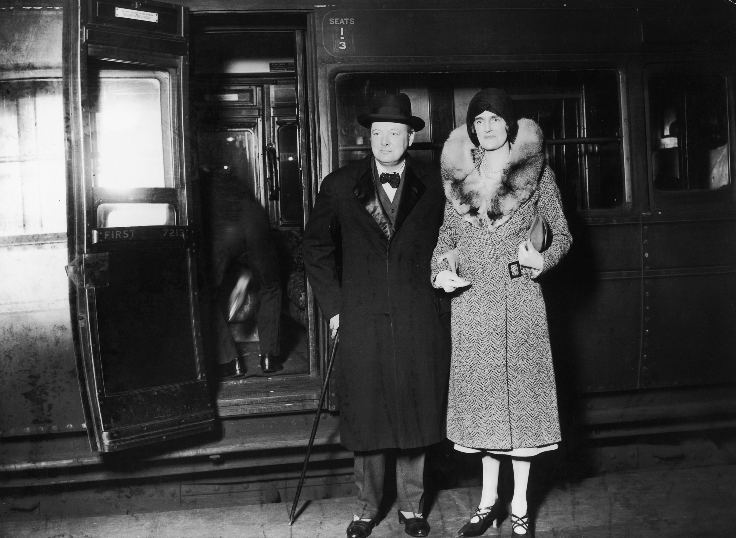 British statesman Winston Churchill and his wife Clementine arrive at Waterloo Station in London, after a visit to the United States, in Nov. 1929. (Gaiger/Topical Press Agency/Hulton Archive/Getty Images)