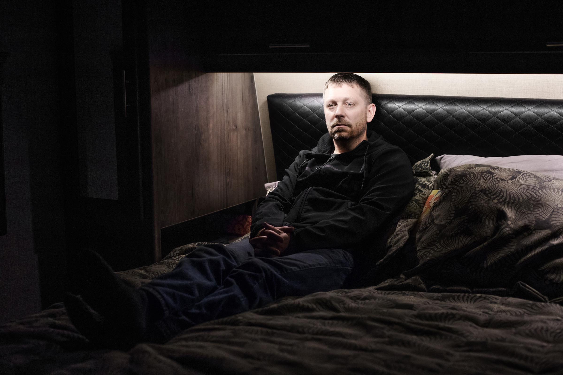 Brown, pictured in an RV where his family stayed after the fire