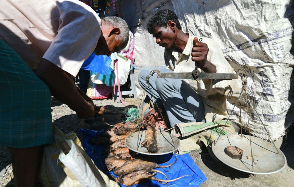 An Indian Tea-tribe vendor sells cooked rats at a weekly market in Kumarikata village along the Indo-Bhutan border, on Dec. 23, 2018. (Biju Boro—AFP/Getty Images)