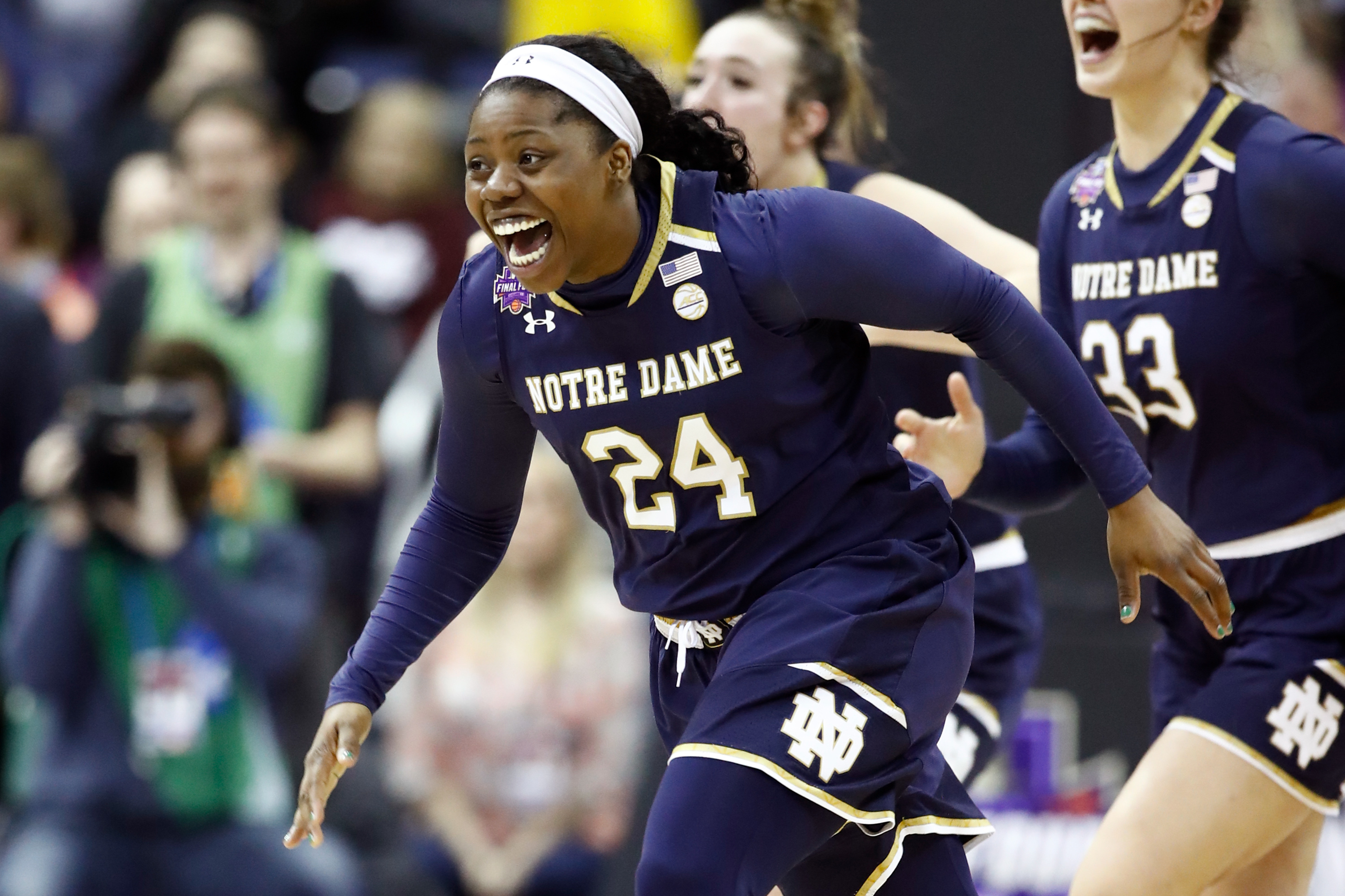 Arike Ogunbowale #24 of the Notre Dame Fighting Irish celebrates after scoring the game winning basket with 0.1 seconds remaining in the fourth quarter to defeat the Mississippi State Lady Bulldogs in the championship game of the 2018 NCAA Women's Final Four at Nationwide Arena on April 1, 2018 in Columbus, Ohio. (Andy Lyons&mdash;Getty Images)