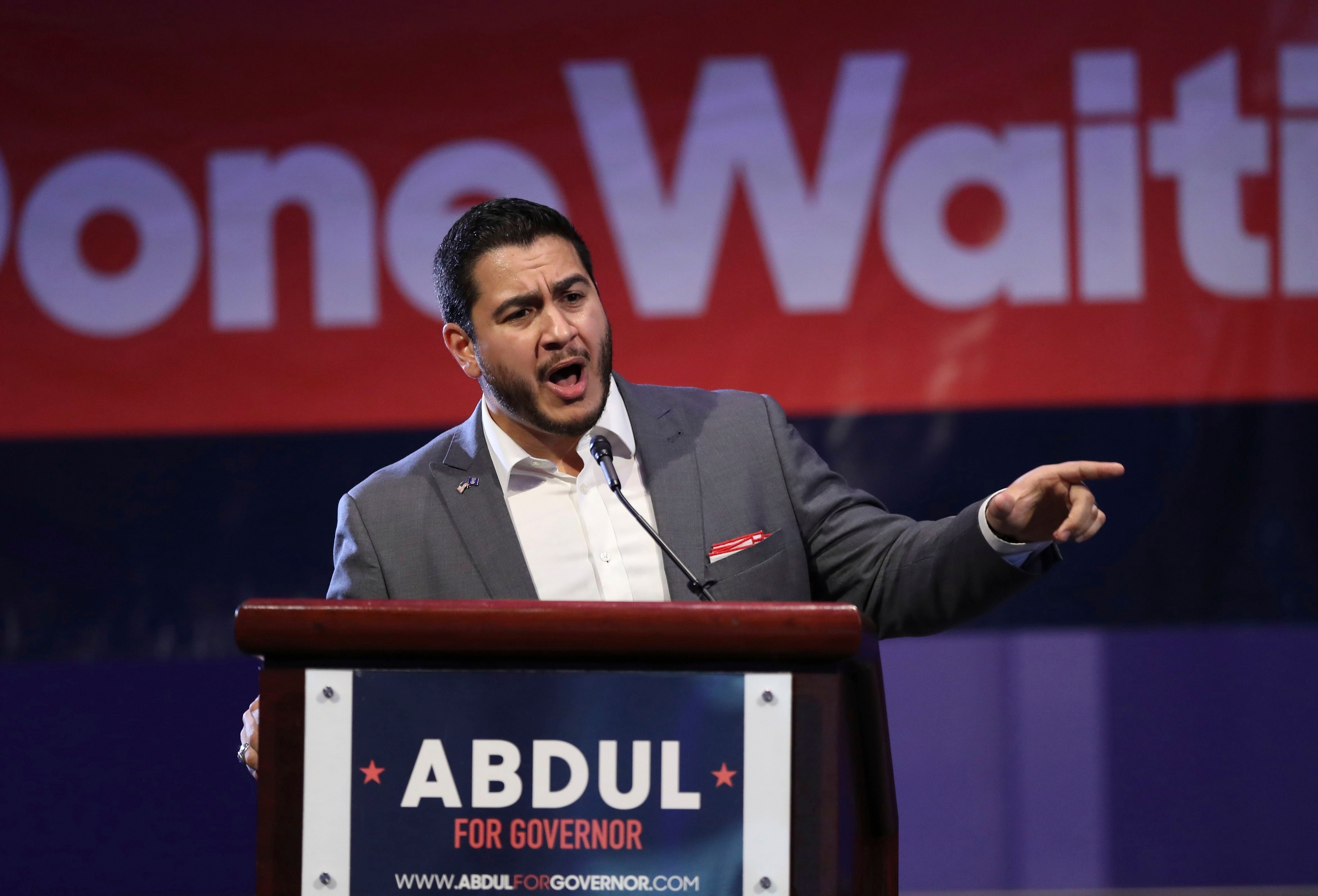 Michigan Democratic gubernatorial candidate Abdul El-Sayed addresses supporters during a rally, in Detroit
                      Michigan on August 5, 2018. (Carlos Osorio—AP/REX/Shutterstock)