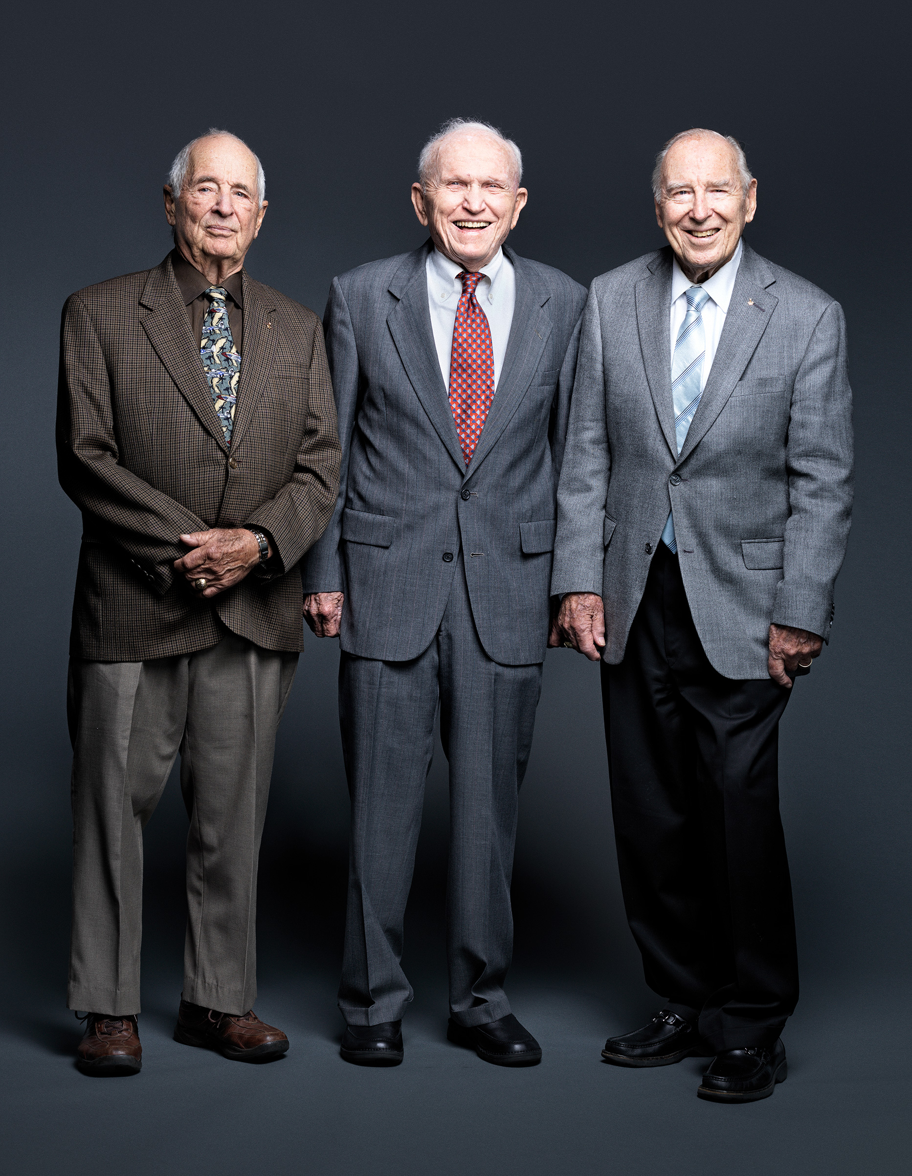 From left: Anders, Borman and Lovell, photographed on Oct. 6, 2018 at the Chicago museum where their Apollo 8 spacecraft is displayed (Marco Grob for TIME)