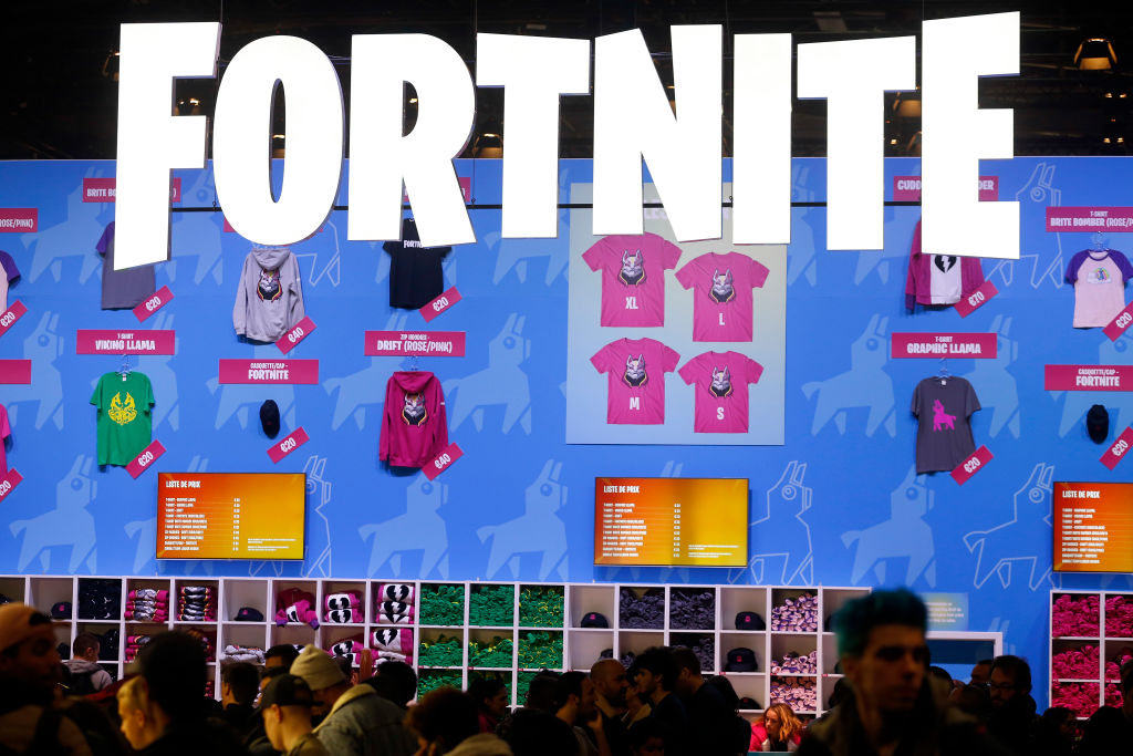 The logo of the video game 'Fortnite,' developed by Epic Games, is displayed during the 'Paris Games Week' on October 28, 2018 in Paris, France. (Chesnot&mdash;Getty Images)