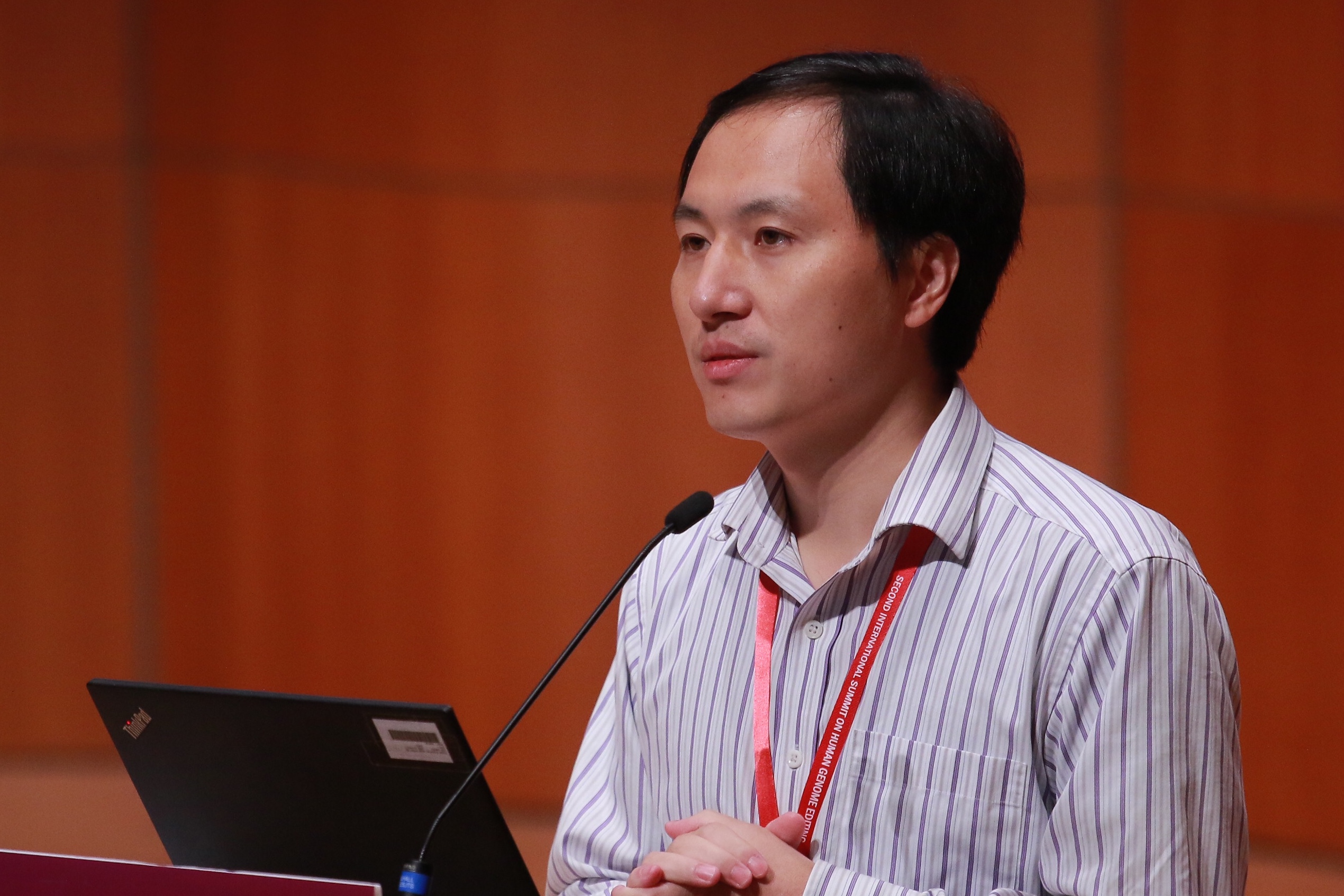 Biological researcher He Jiankui speaks on day two of the Second International Summit on Human Genome Editing at the University of Hong Kong (HKU) on November 28, 2018 in Hong Kong, China. (VCG—VCG via Getty Images)