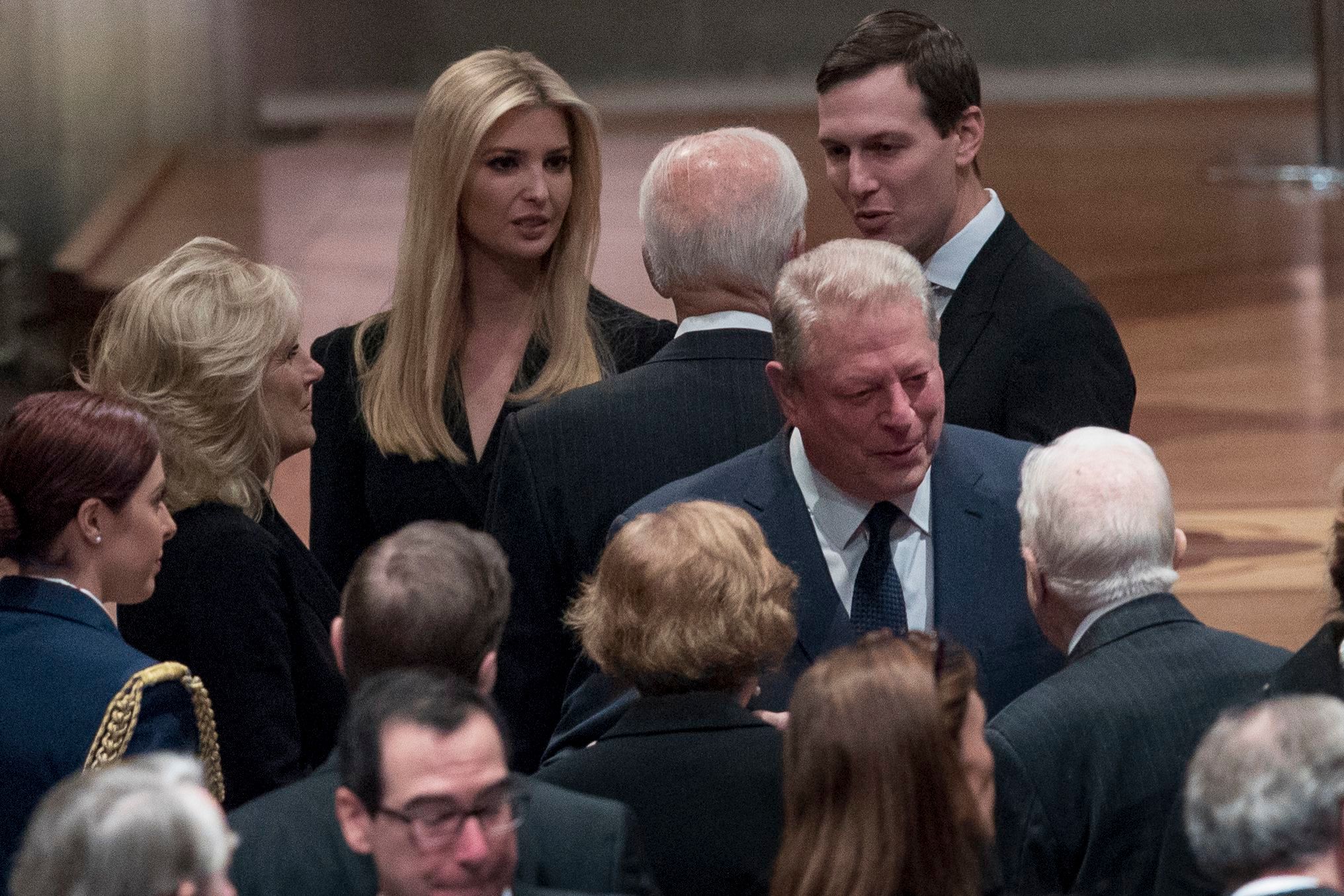 Former Vice President Joe Biden, and his wife Jill Biden, speak with Ivanka Trump, the daughter of President Donald Trump, and her husband, President Donald Trump's White House Senior Adviser Jared Kushner, as former Vice President Al Gore, speak to former President Jimmy Carter, and former first lady Rosalynn Carter, before a State Funeral for former President George H.W. Bush at the National Cathedral
