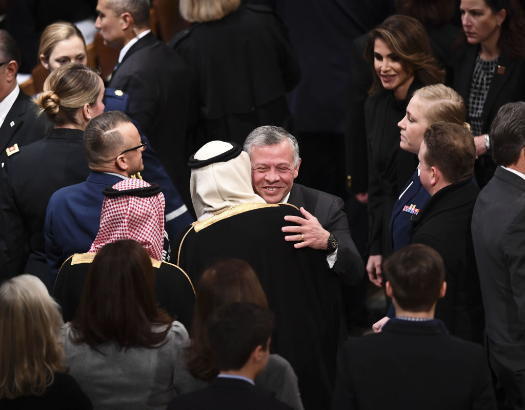 Jordan's King Abdullah II and Queen Rania arrive at the funeral of former US President George H. W. Bush at the National Cathedral in Washington, DC, USA