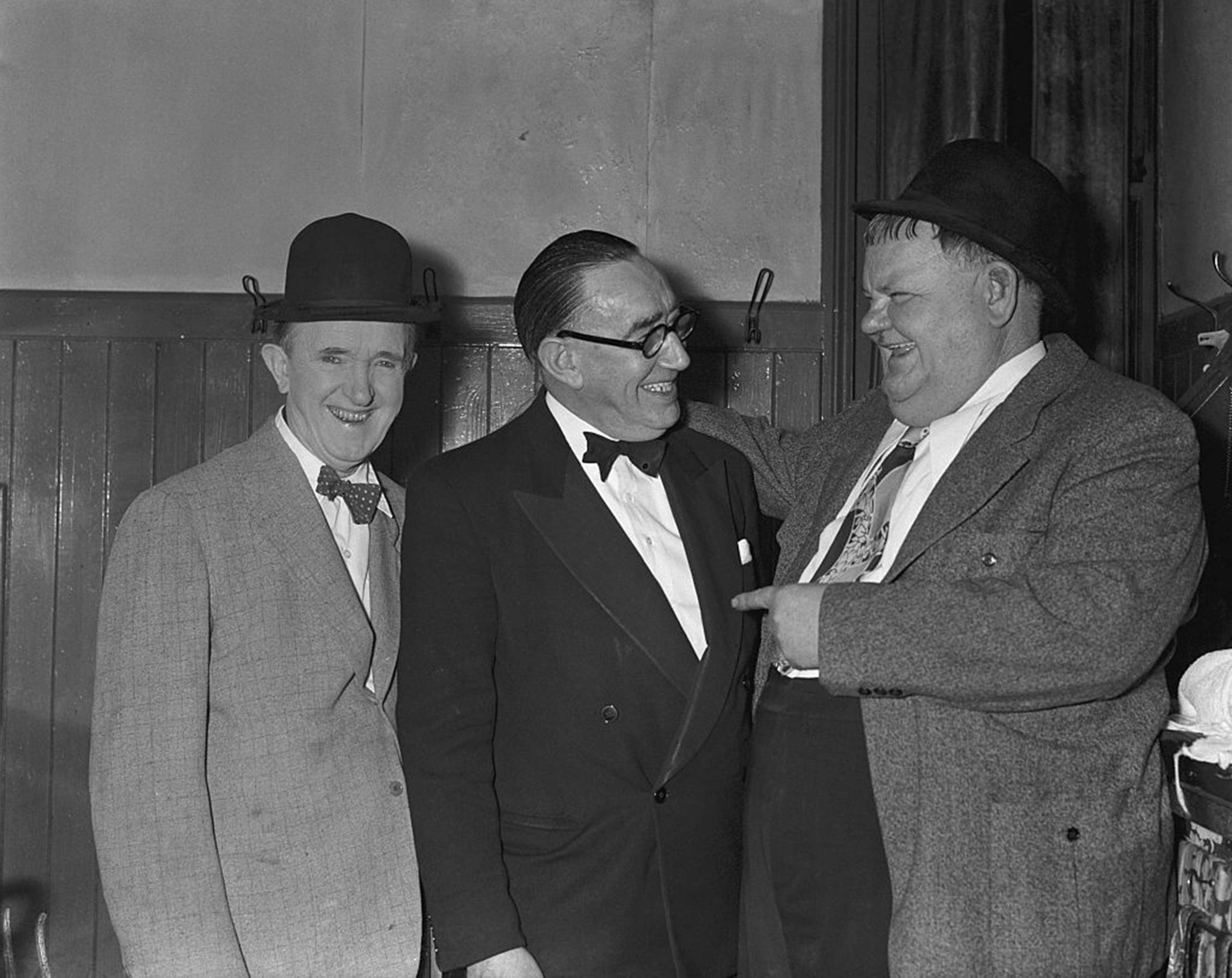 Stan Laurel (left) and Oliver Hardy (right) shortly after performing at the Empire theater in Nottingham, England, in Aug. 1953 during their U.K. tour. (Montifraulo Collection—Getty Images)