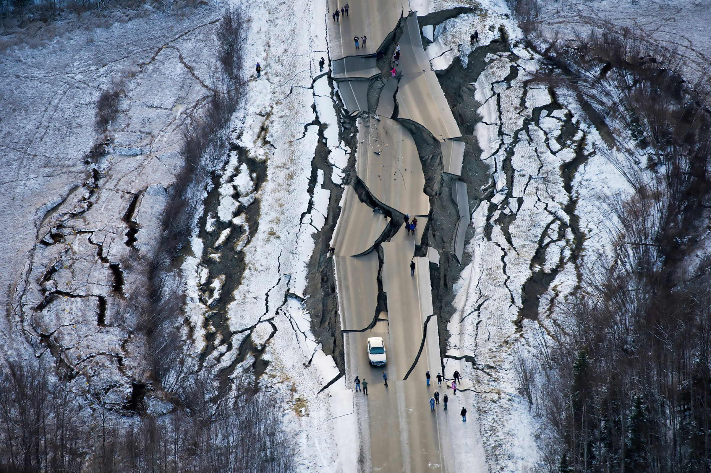 Earthquake damage on Vine Road, near Wasilla, Alaska, on Nov. 30, 2018. (Marc Lester—Anchorage Daily News/AP)