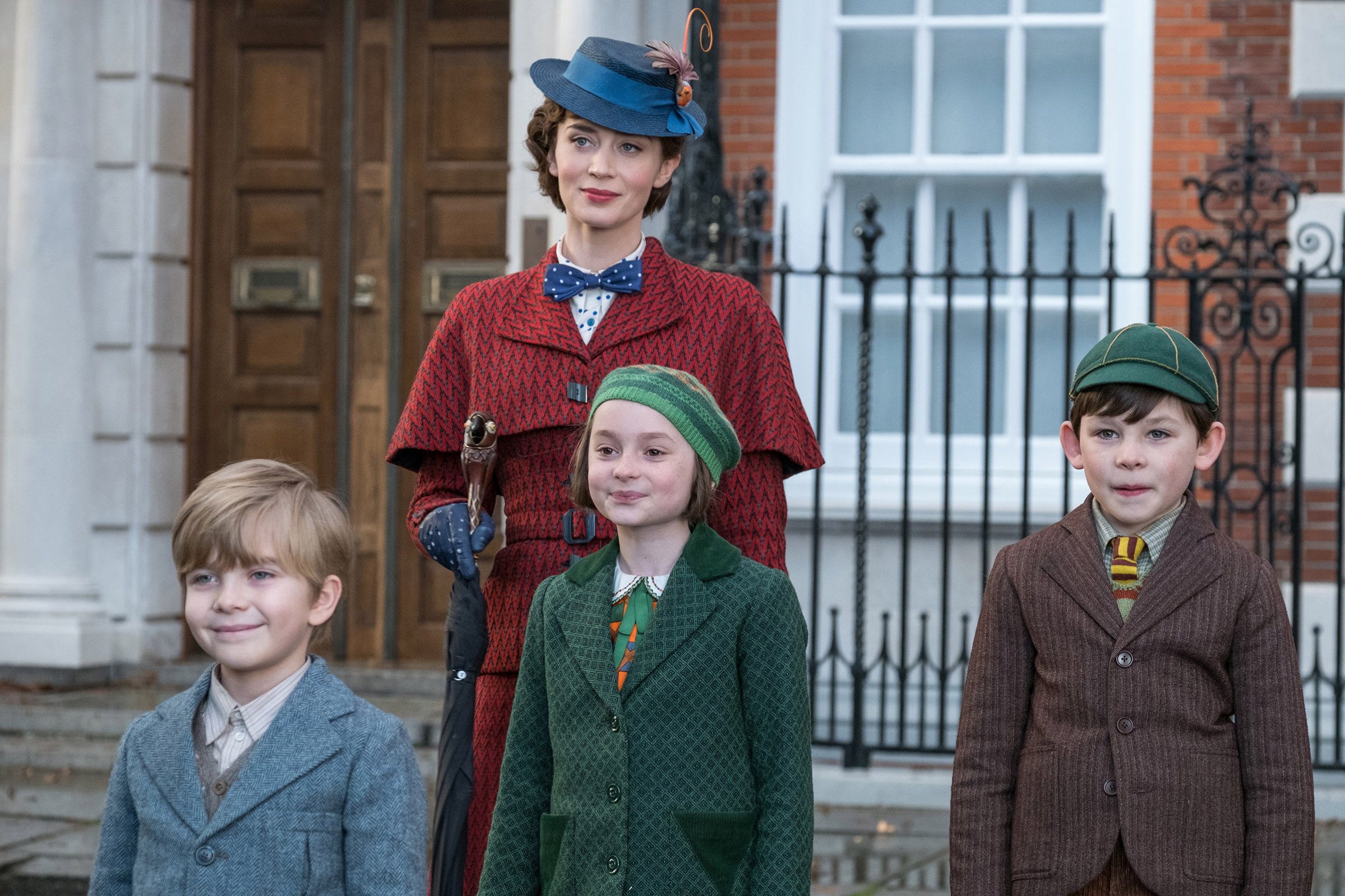 Emily Blunt as Mary Poppins, Joel Dawson as Georgie, Pixie Davies as Annabel and Nathanael Saleh as John in 'Mary Poppins Returns".