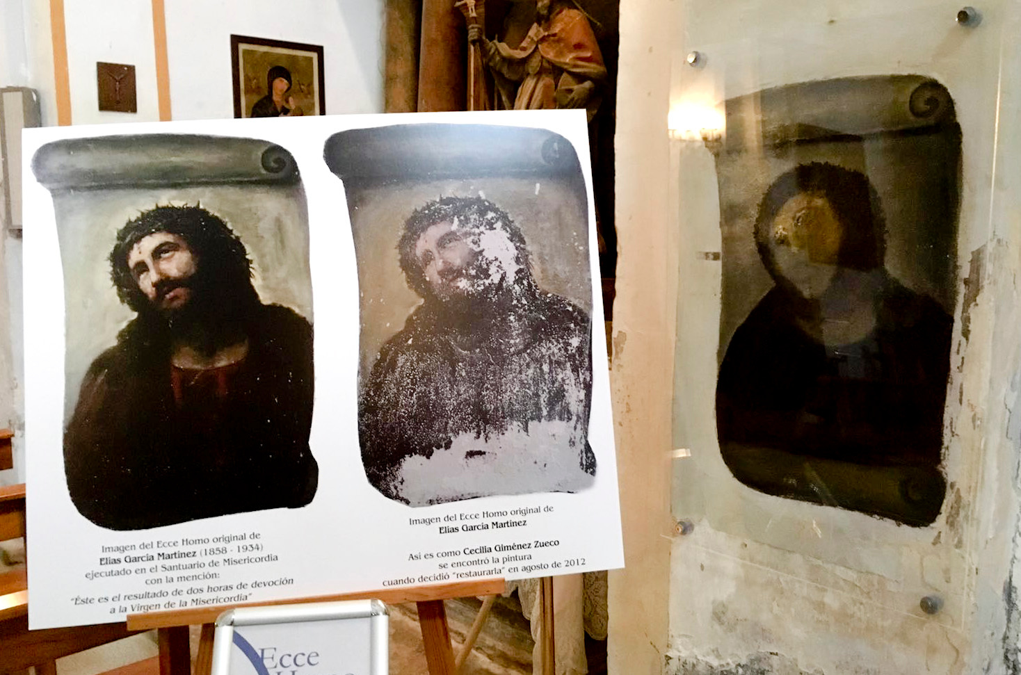 View of the deteriorated version of 'Ecce Homo' mural by 19th century painter Elias Garcia Martinez, right, next to a copy of the original, left, at the Borja Church in Zaragoza, Spain. (Javier Vinuela—AP/REX/Shutterstock)
