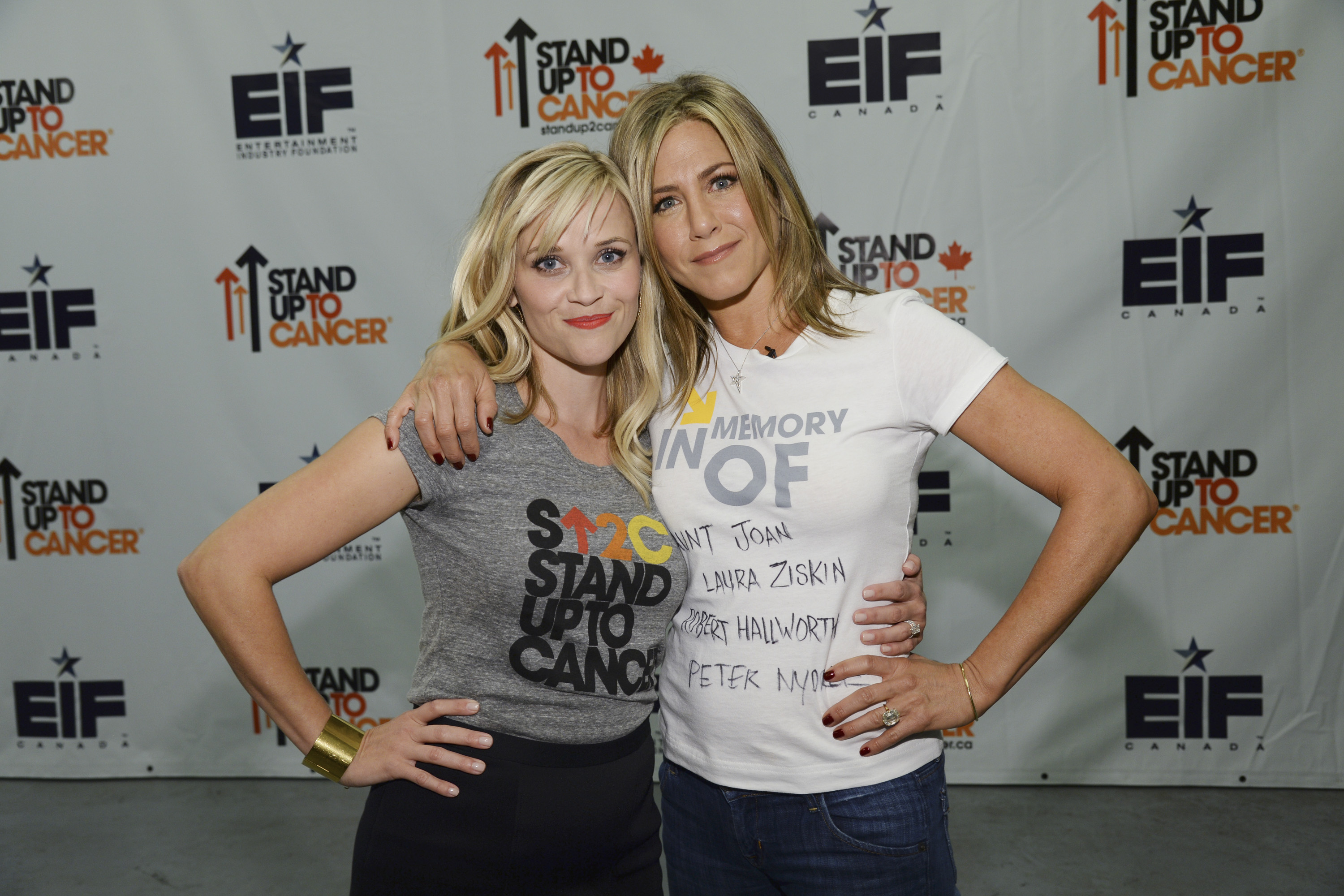 Reese Witherspoon and Jennifer Aniston attend Stand Up To Cancer (SU2C), a program of the Entertainment Industry Foundation (EIF) (American Broadcasting Companies)